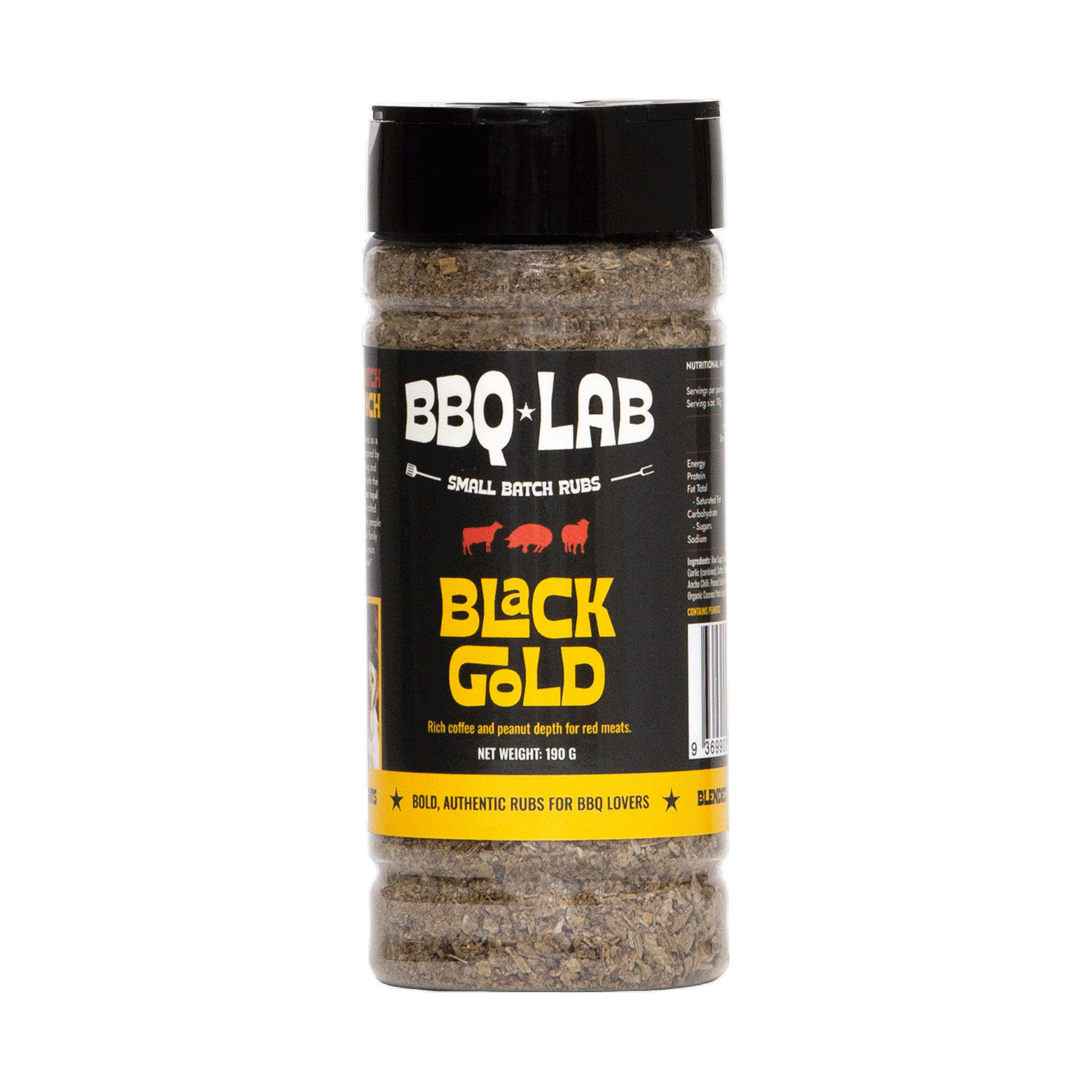 BBQ Lab Black Gold coffee and peanut butter BBQ rub jar front, transparent