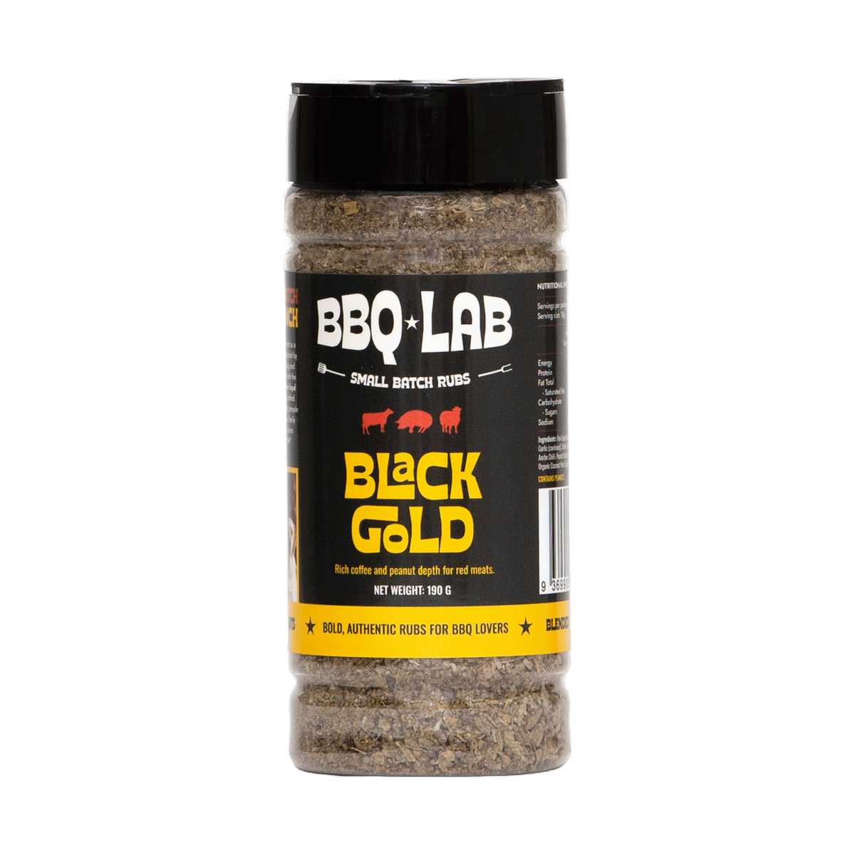 BBQ Lab Black Gold coffee and peanut butter BBQ rub jar front, transparent
