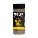 BBQ Lab Black Gold coffee and peanut butter BBQ rub jar front, transparent