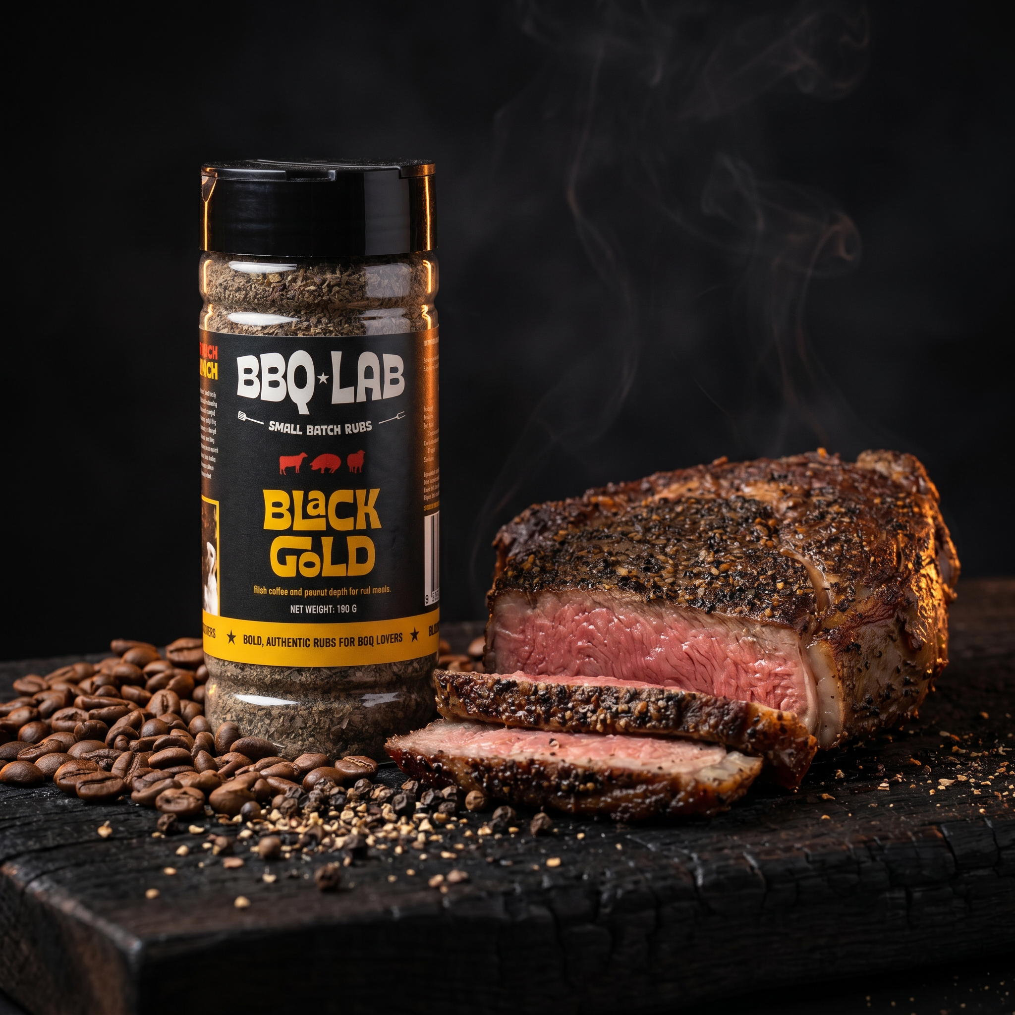 Coffee-crusted ribeye seasoned with BBQ Lab Black Gold rub