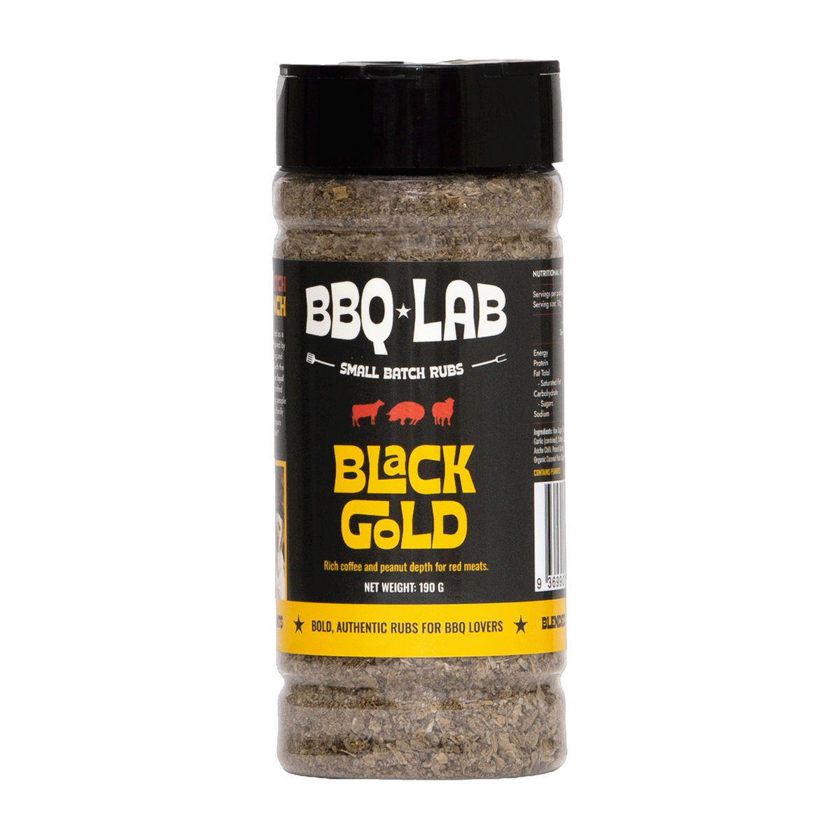 BBQ Lab Black Gold coffee & peanut butter BBQ rub 190g — front of jar, transparent background