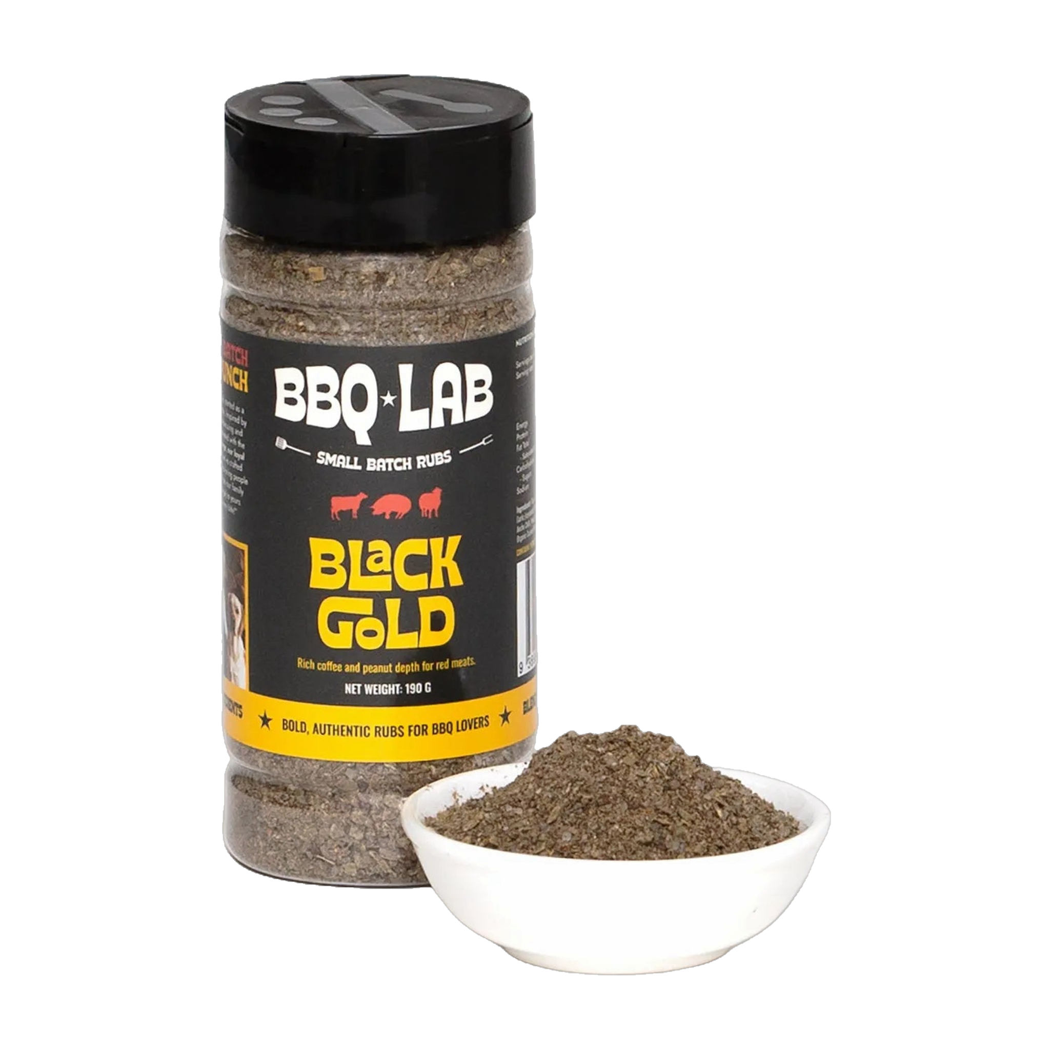 BBQ Lab Black Gold coffee & peanut butter BBQ rub — jar with a white dish of rub, transparent background