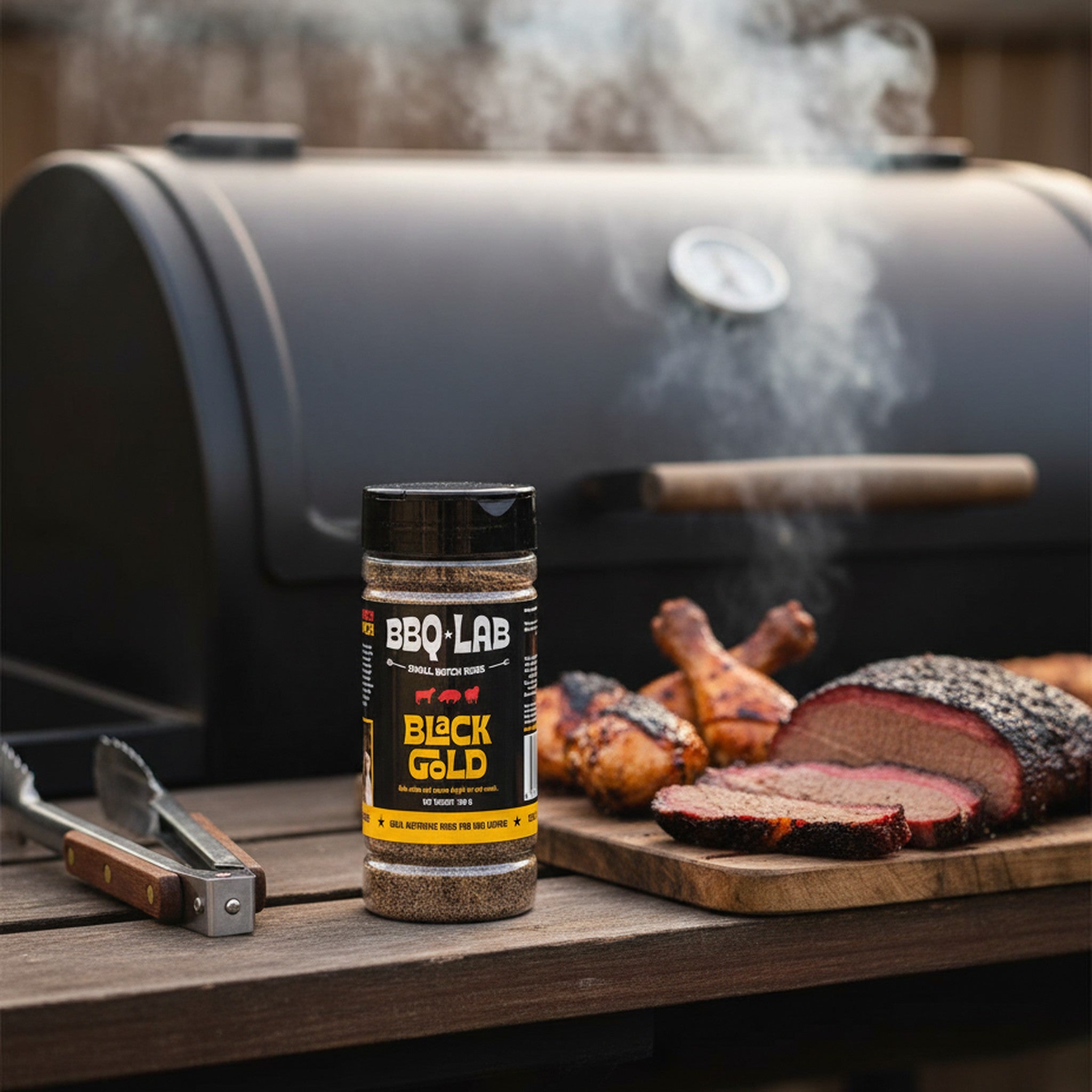 BBQ Lab Black Gold coffee & peanut butter BBQ rub — jar beside an offset smoker with smoked brisket and chicken