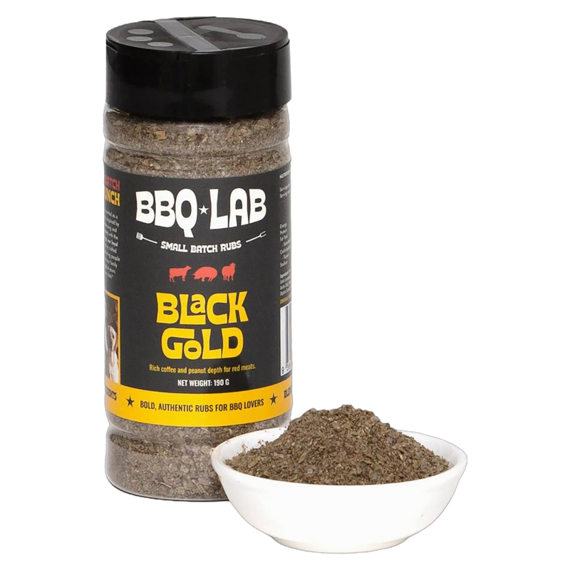BBQ Lab Black Gold rub jar with a dish of rub — interim product shot, real lifestyle photo pending lifestyle photo