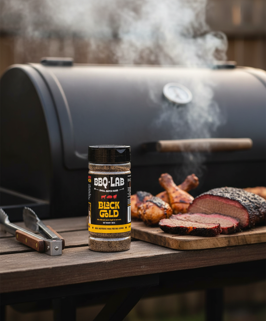 BBQ Lab Black Gold rub on a table with smoked brisket and chicken