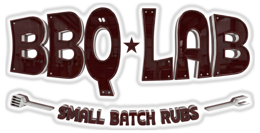 BBQ Lab barbecue brand logo, dark red 3D wordmark with a star and BBQ tools, Small Batch Rubs, on transparent background