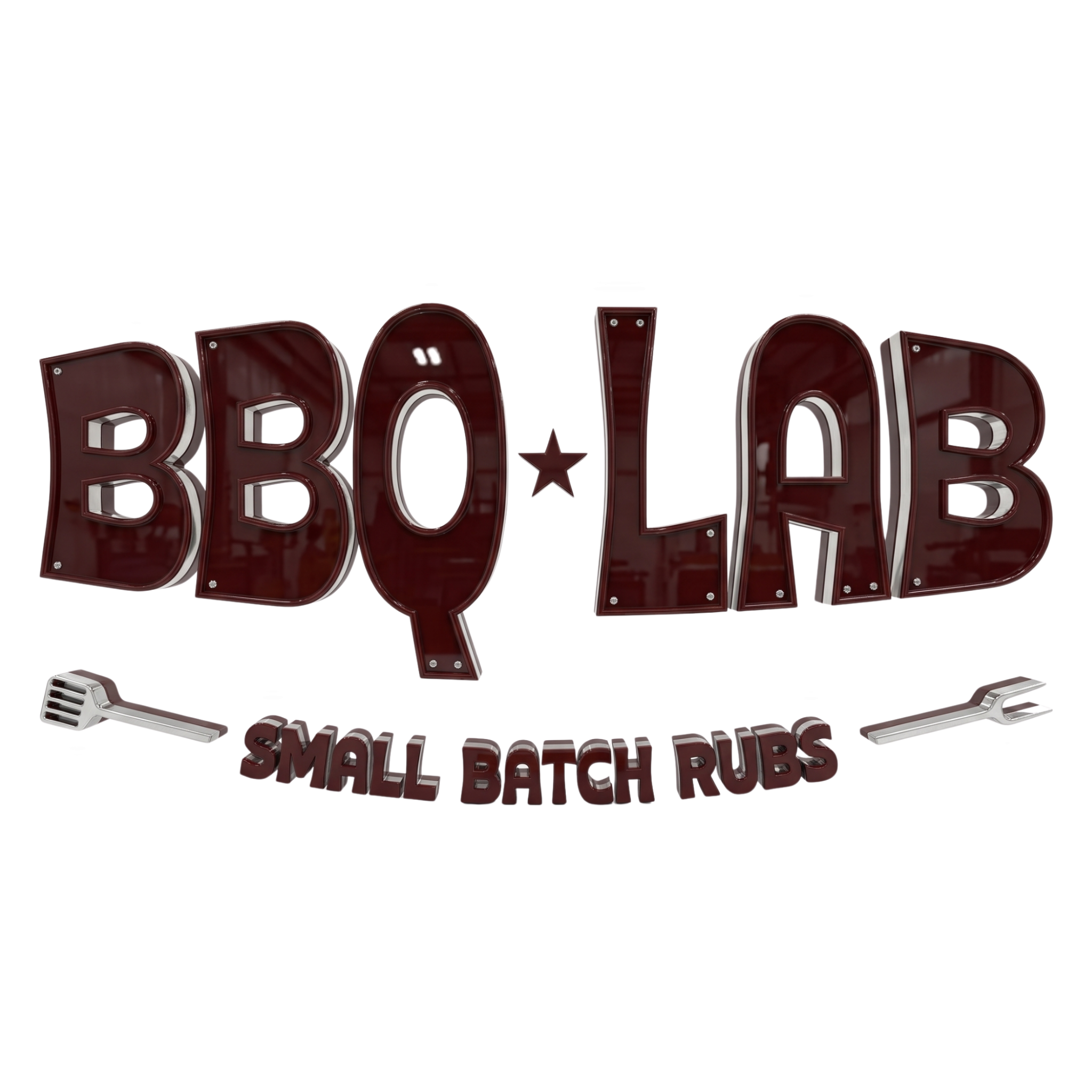 BBQ Lab barbecue brand logo, dark red 3D wordmark with a star and BBQ tools, Small Batch Rubs, on transparent background