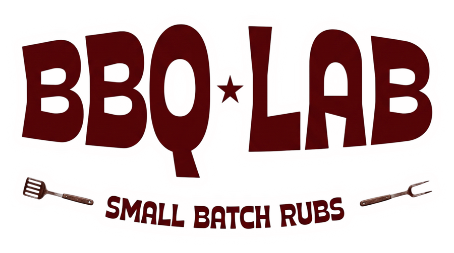 BBQ Lab barbecue brand logo, dark red 3D wordmark with a star and BBQ tools, Small Batch Rubs, on transparent background