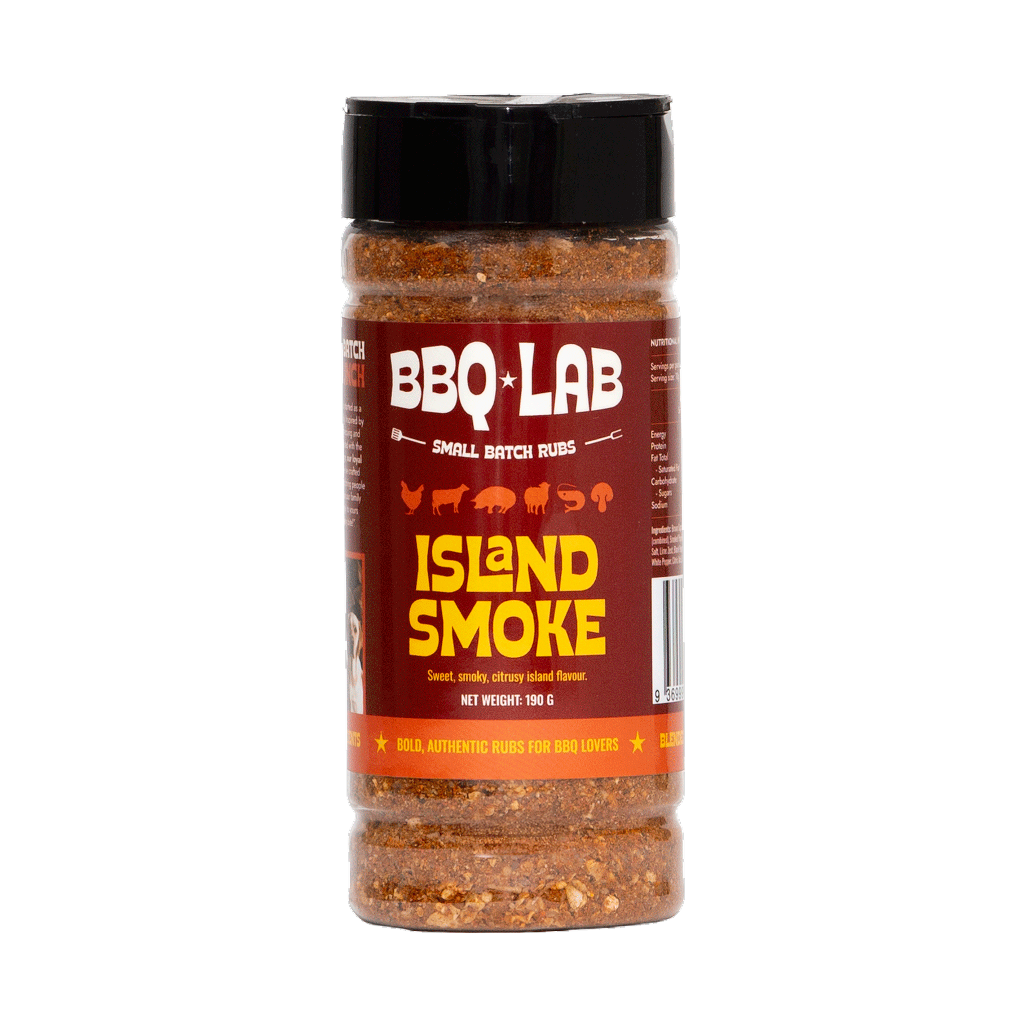 BBQ Lab Island Smoke citrus BBQ rub jar front, transparent