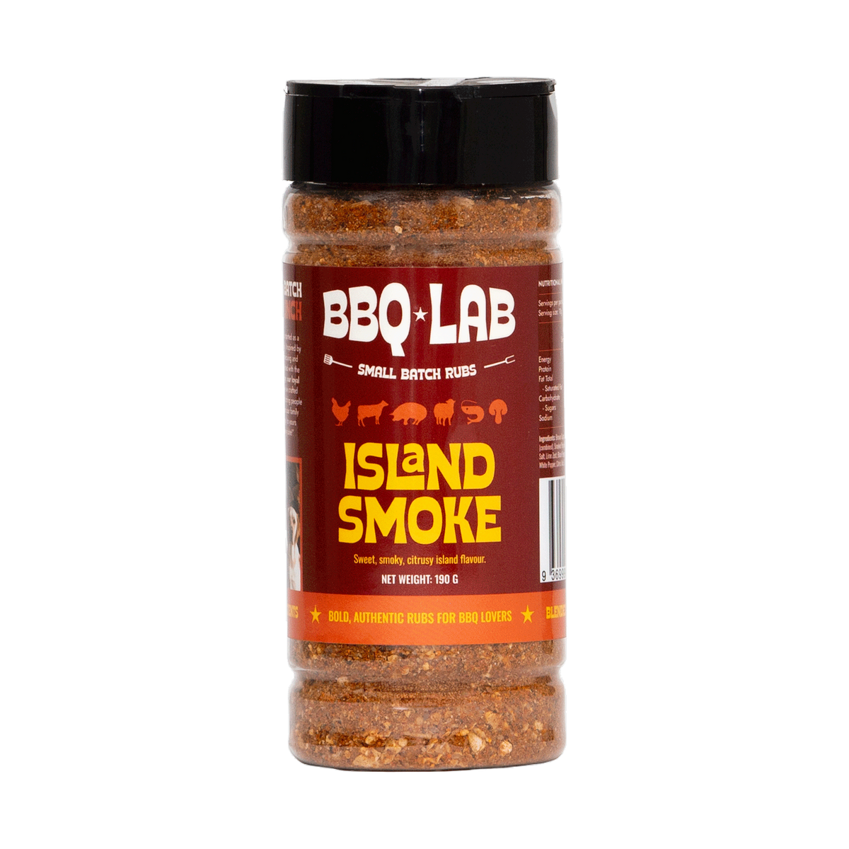 BBQ Lab Island Smoke citrus BBQ rub jar front, transparent