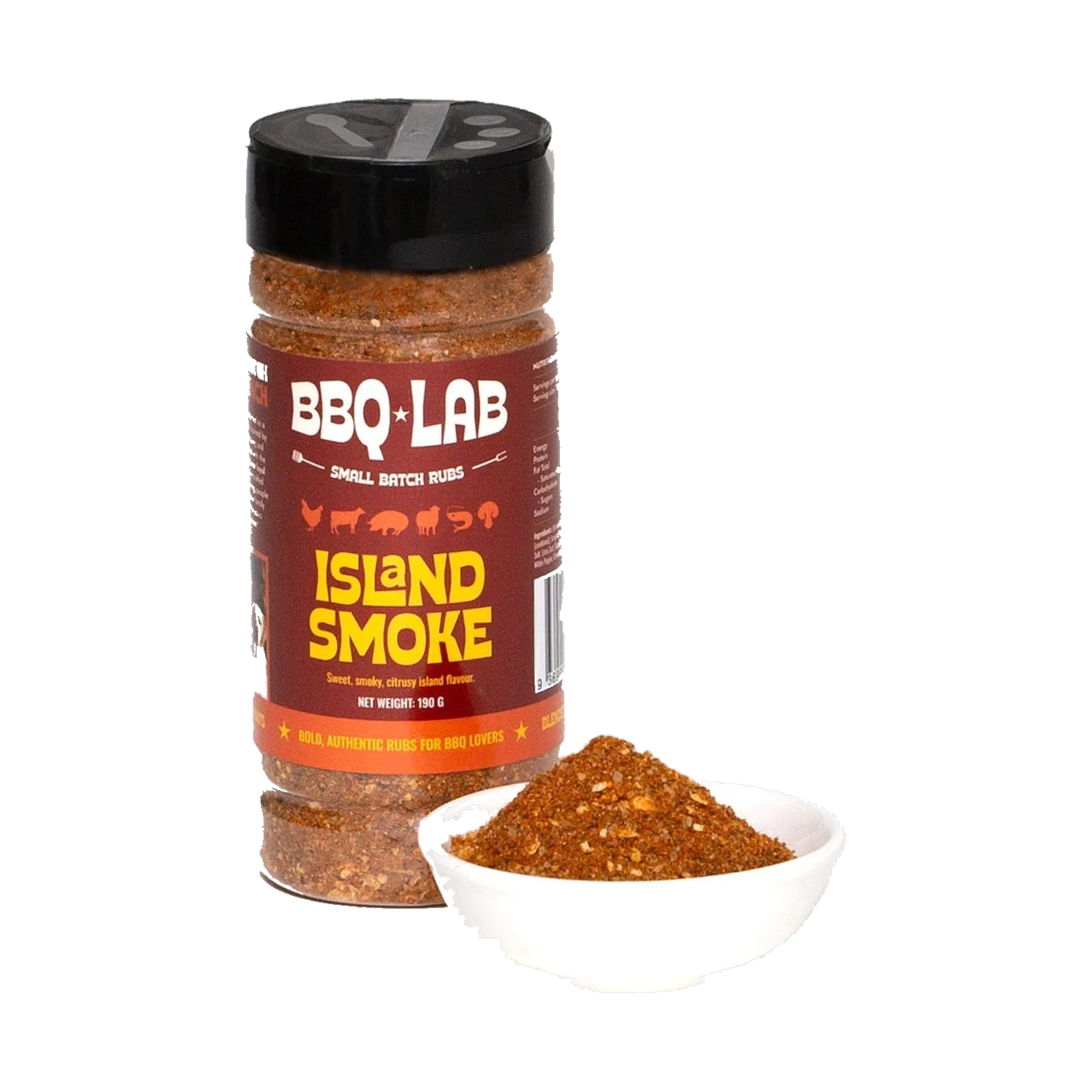 BBQ Lab Island Smoke citrus BBQ rub — jar with a white dish of rub, transparent background
