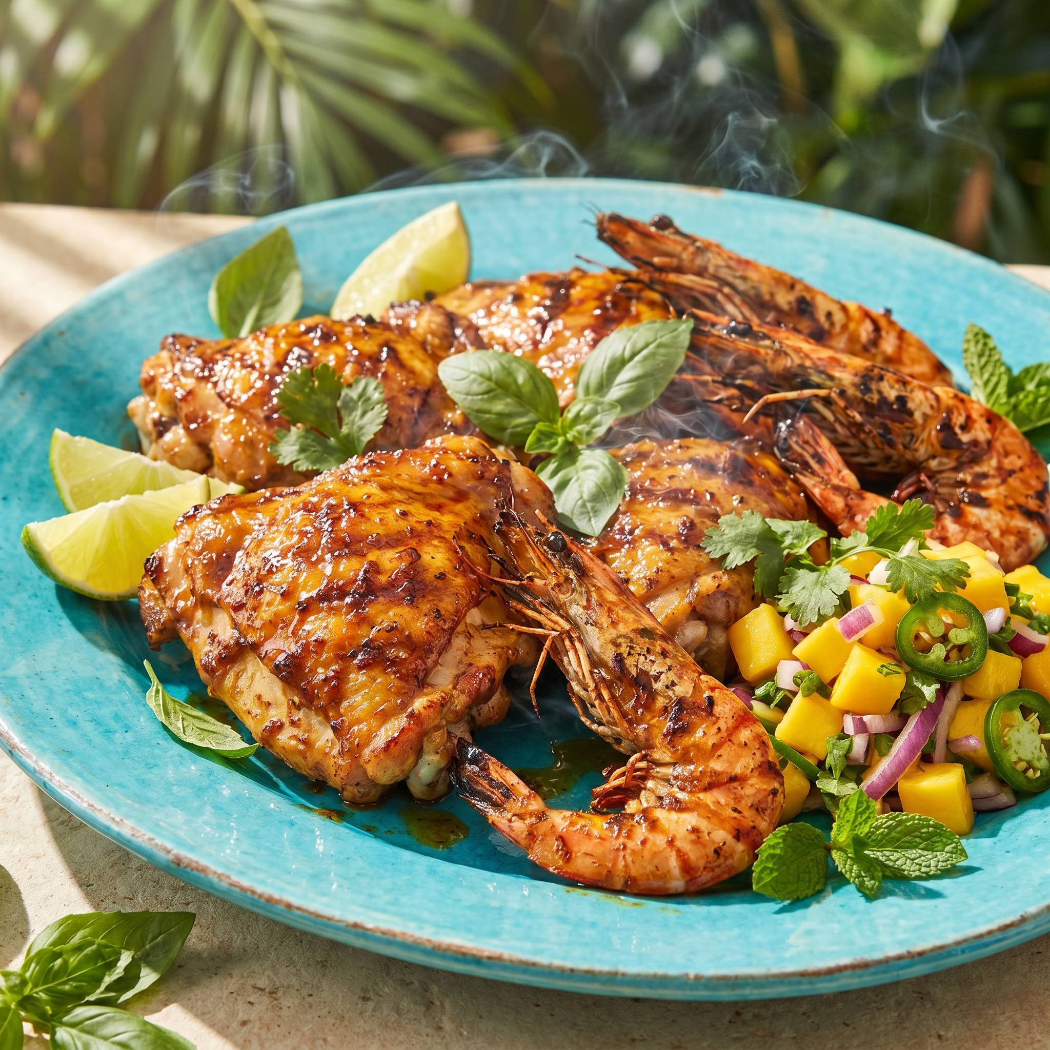 BBQ Lab Island Smoke citrus BBQ rub — tropical grilled chicken and prawn platter