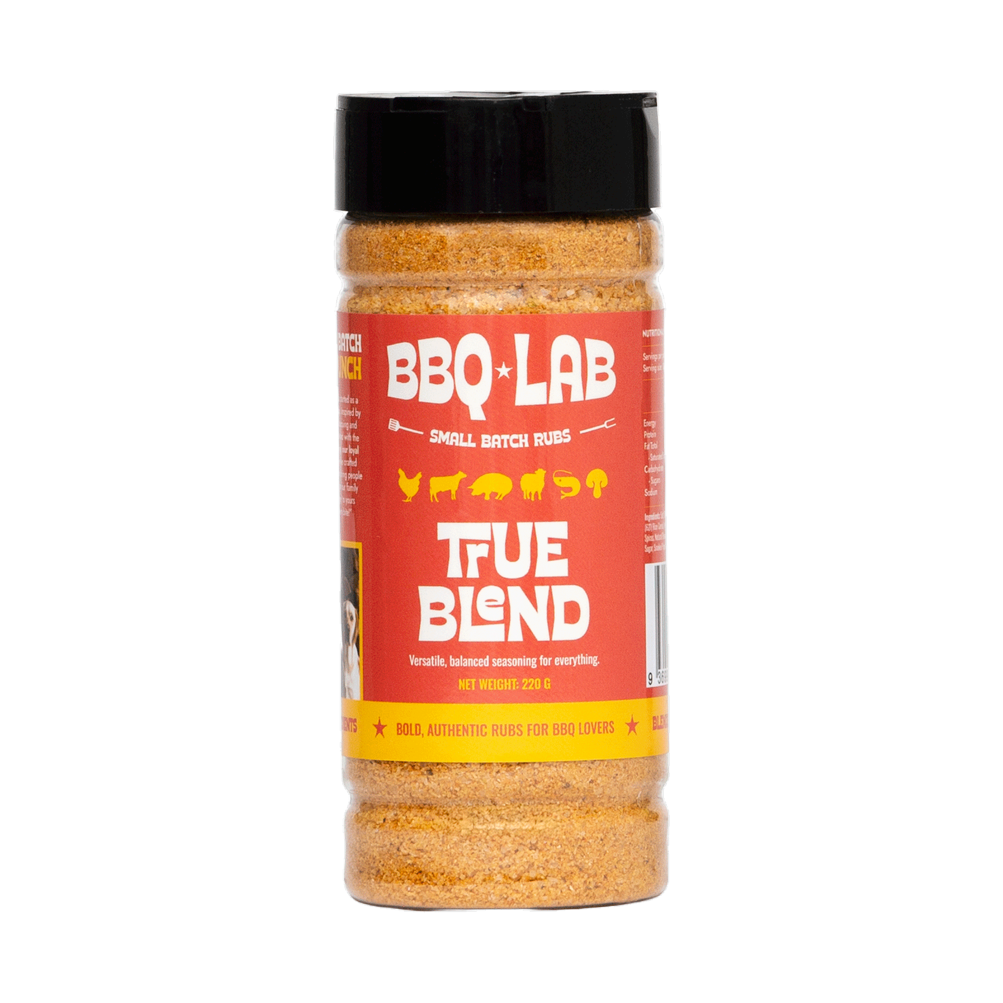 BBQ Lab True Blend all-purpose seasoning salt jar front, transparent