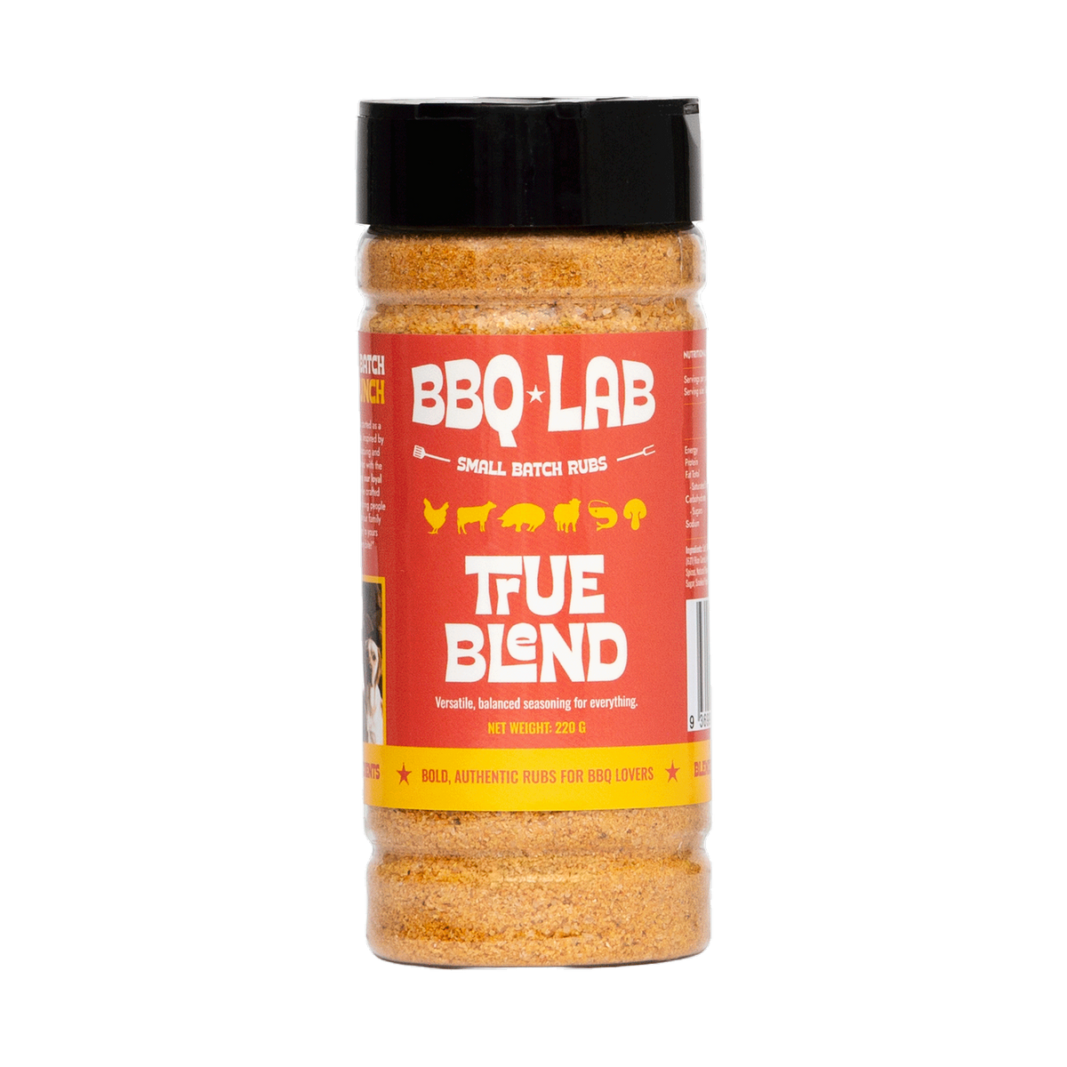 BBQ Lab True Blend all-purpose seasoning salt jar front, transparent