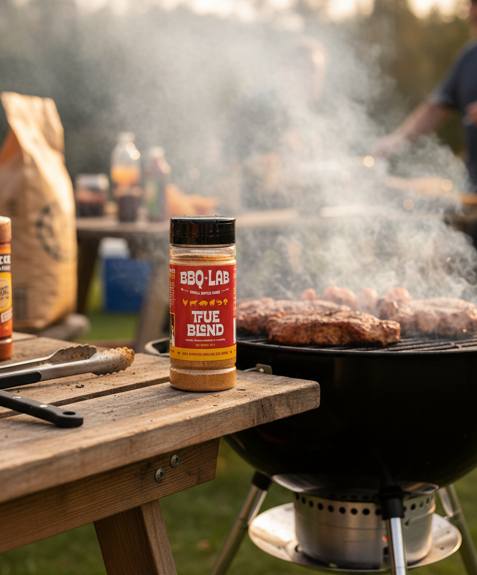 BBQ Lab True Blend jar on a picnic table beside a kettle BBQ