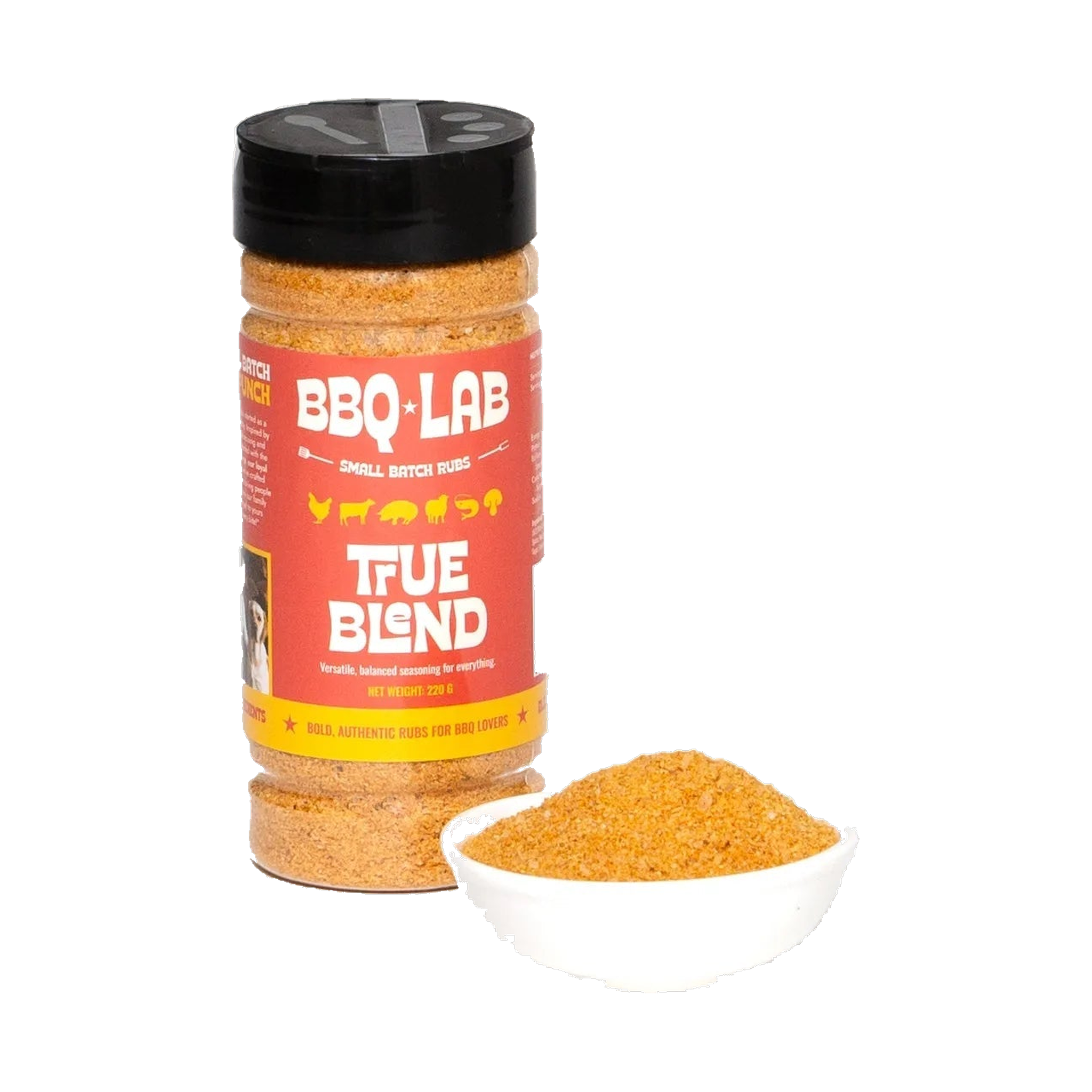 BBQ Lab True Blend seasoning salt — jar with a white dish of the blend, transparent background