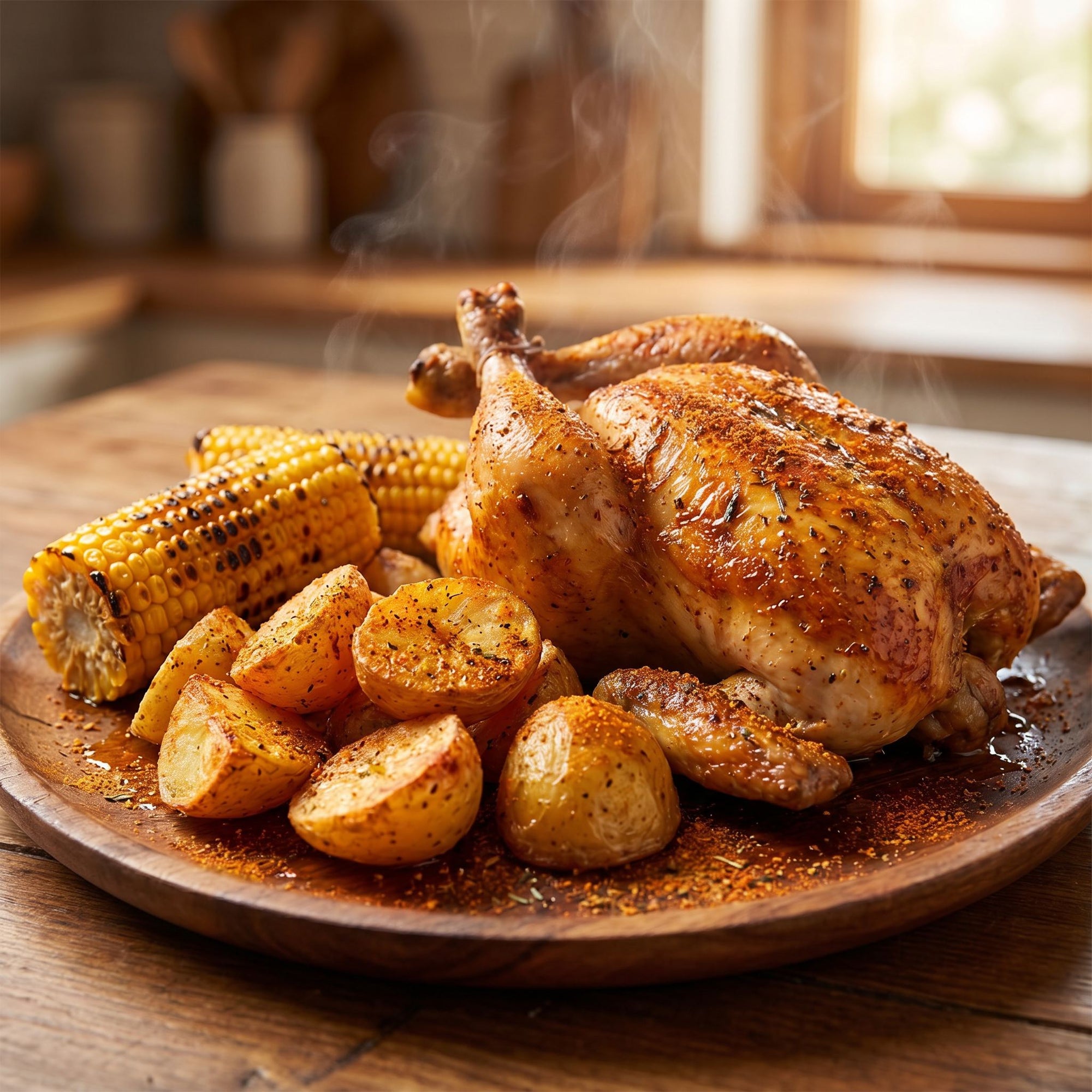 Whole roast chicken with corn and potatoes, BBQ Lab True Blend