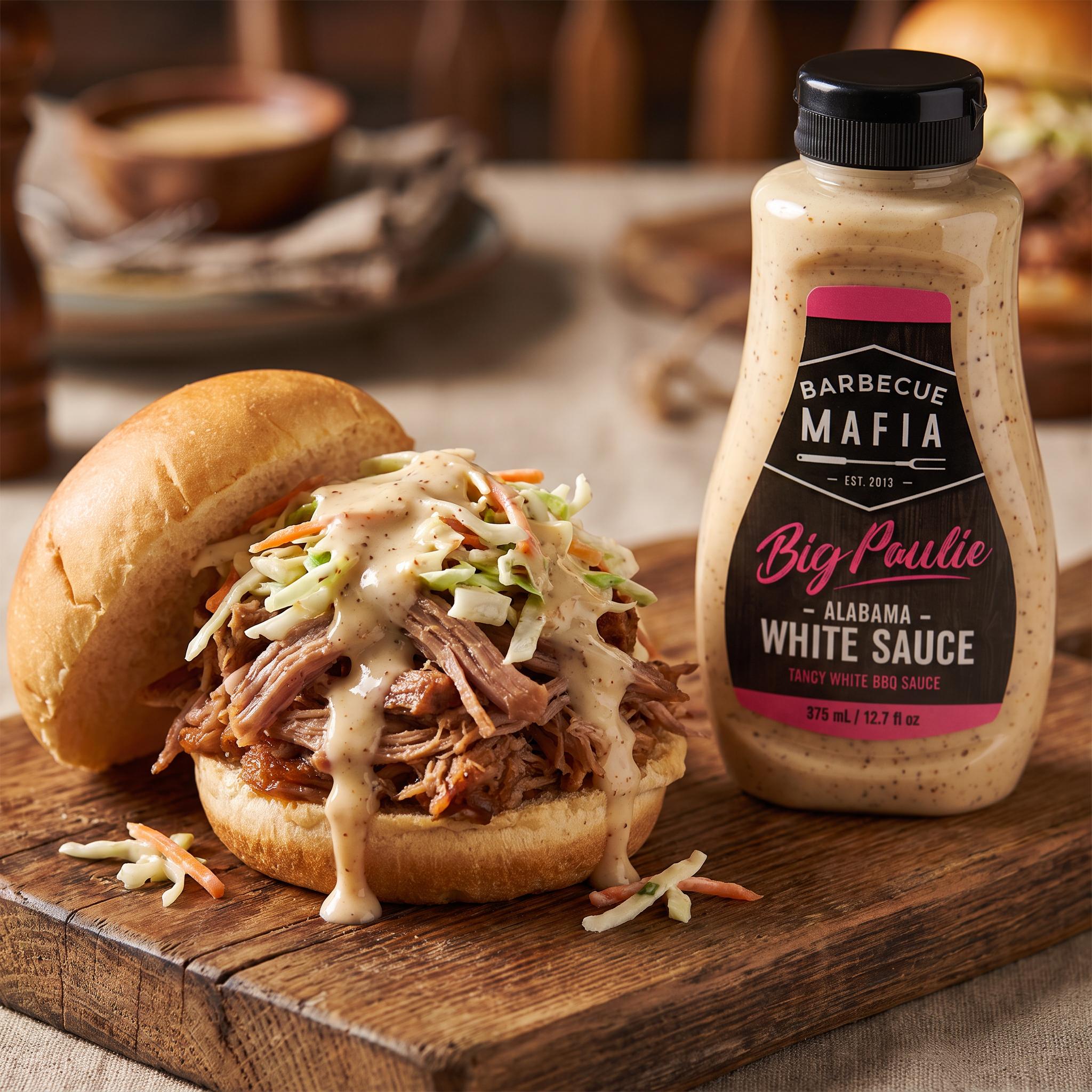 Barbecue Mafia Big Paulie Alabama White Sauce — creamy white sauce drizzled over an open pulled-pork slider