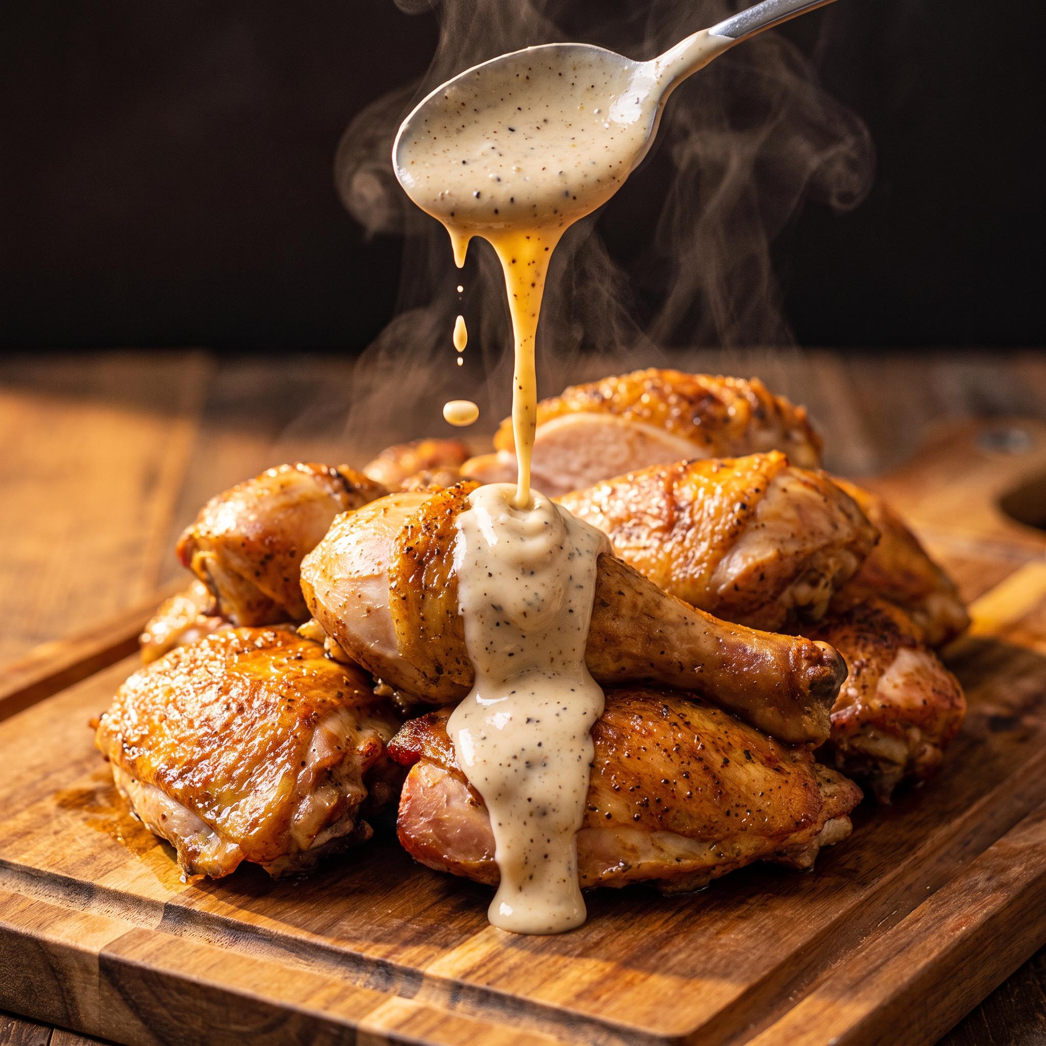 Barbecue Mafia Big Paulie Alabama White Sauce — white sauce spooned over smoked chicken