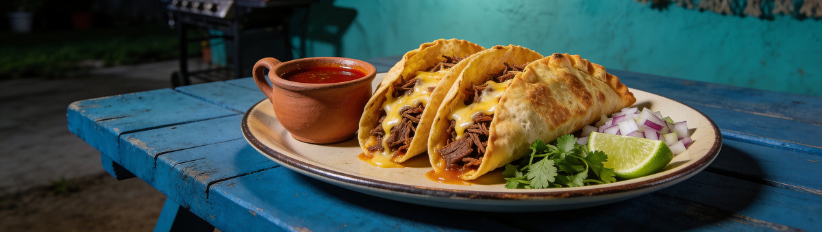 Quesabirria tacos and consomme made with BBQ Mafia Birria Taco Broth Base on a blue cantina table