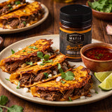Barbecue Mafia Birria Taco Broth Base — quesabirria tacos with a bowl of rich red consomme for dipping