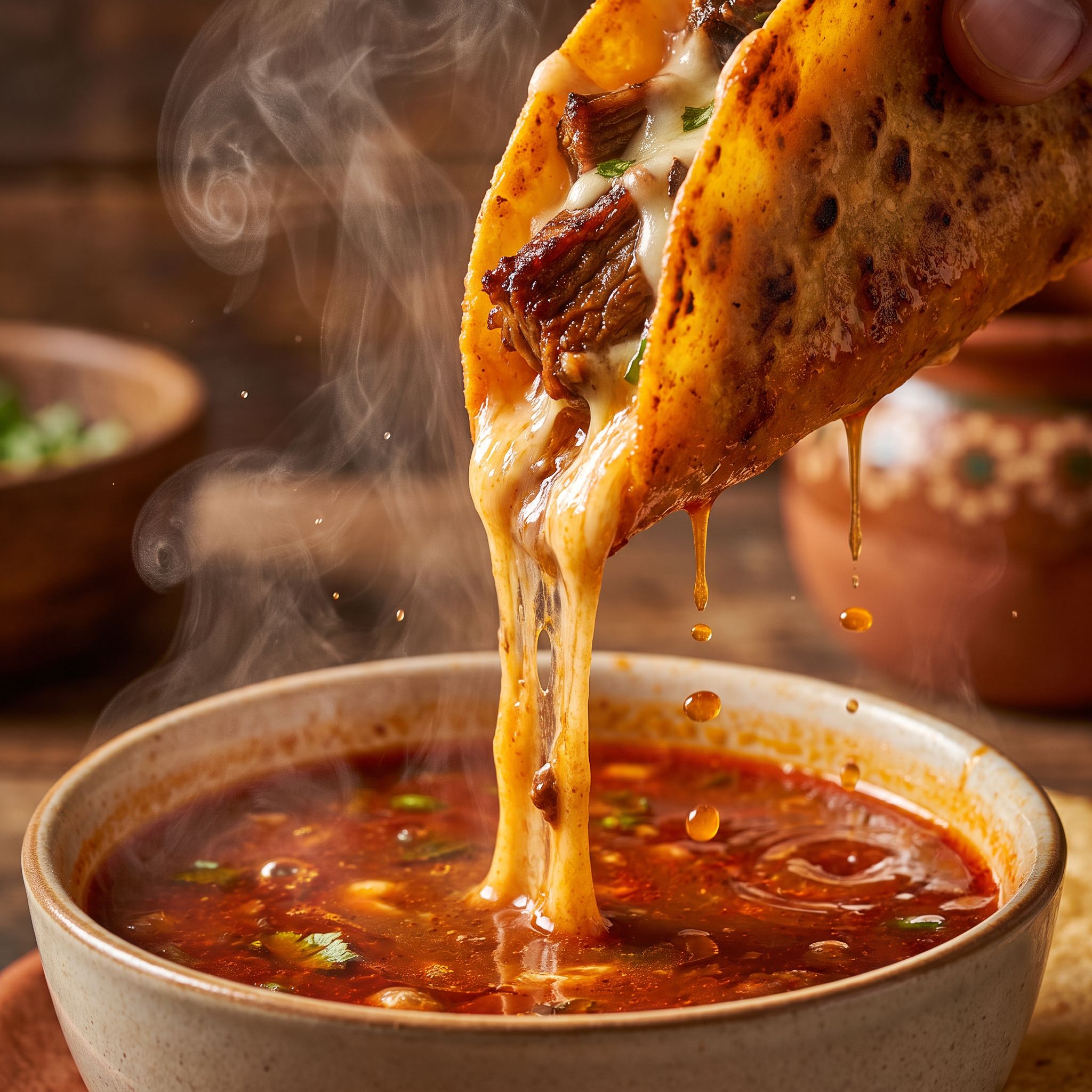 Barbecue Mafia Birria Taco Broth Base — a cheesy birria taco dipped into rich red consomme