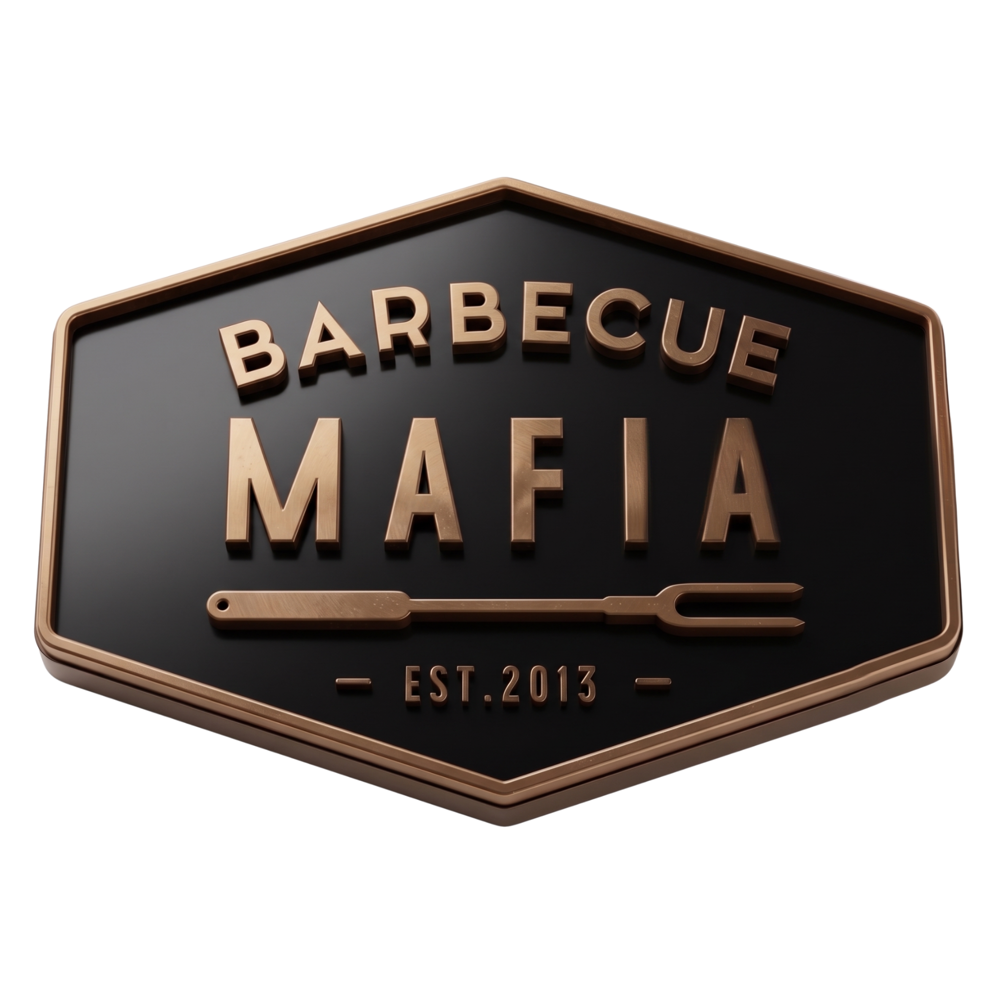 Barbecue Mafia brand logo, bronze hexagon badge with a BBQ fork, Est 2013, on transparent background