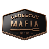 Barbecue Mafia brand logo, bronze hexagon badge with a BBQ fork, Est 2013, on transparent background