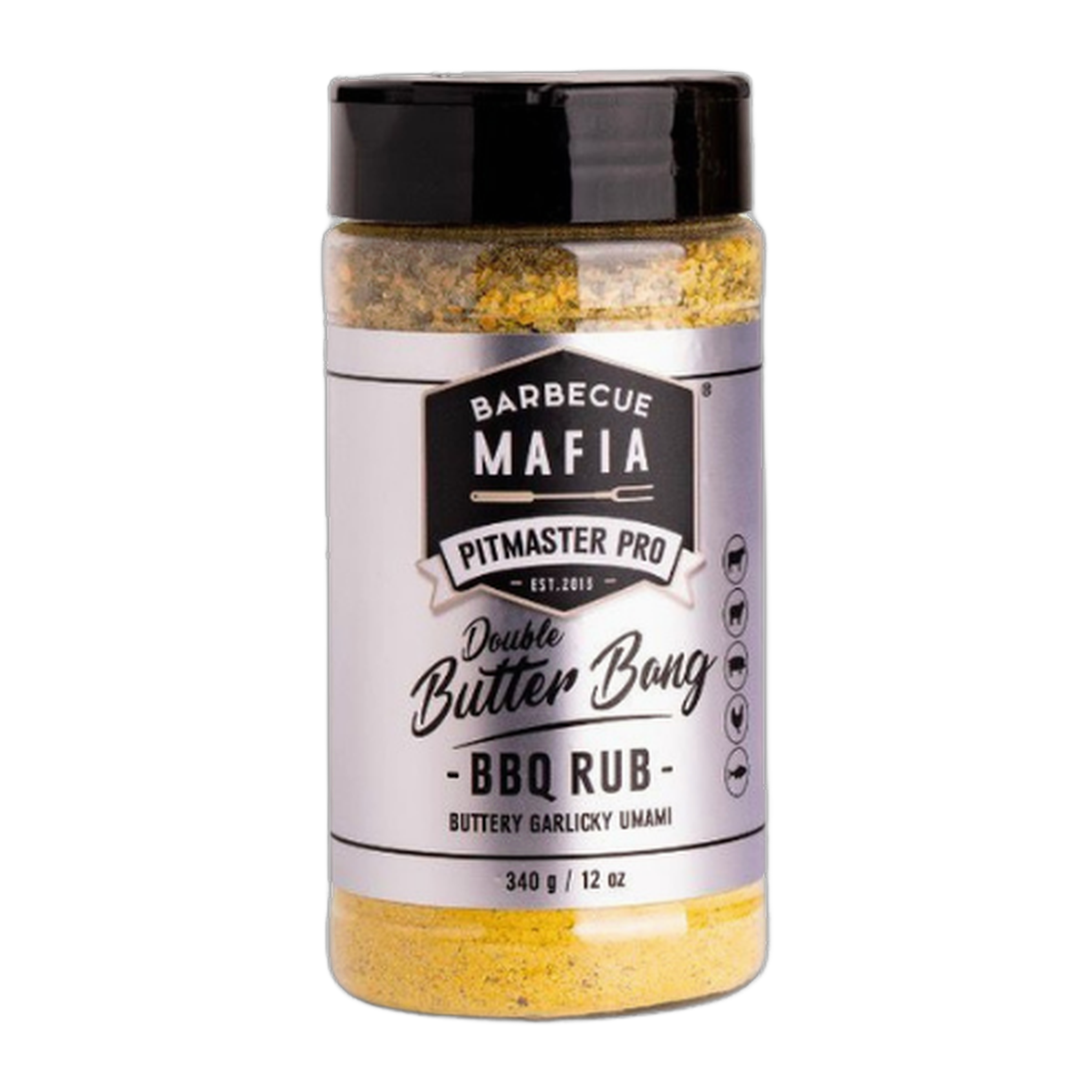 Barbecue Mafia Double Butter Bang BBQ Rub 340g all-purpose rub — front of shaker on transparent background