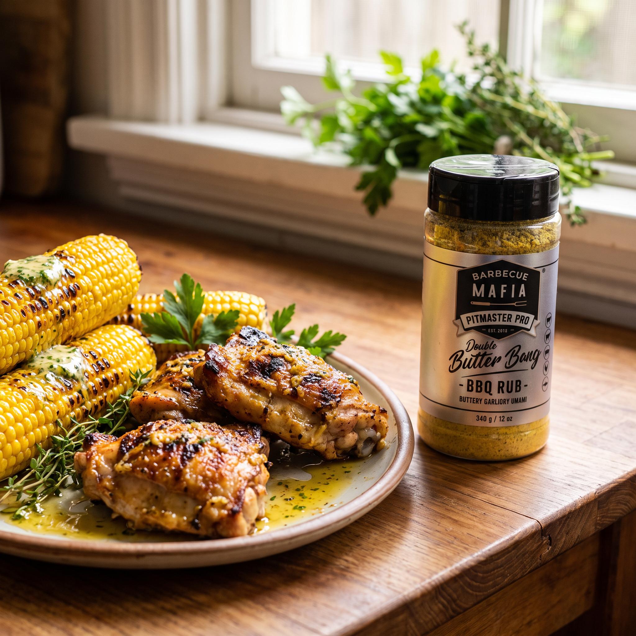 Barbecue Mafia Double Butter Bang BBQ Rub — buttery garlic grilled chicken thighs and charred corn beside the pack
