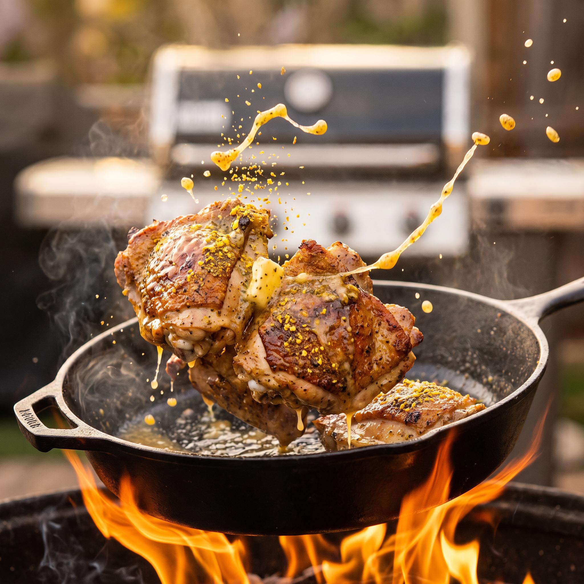 Barbecue Mafia Double Butter Bang BBQ Rub — chicken thighs tossed in glossy garlic butter over flames