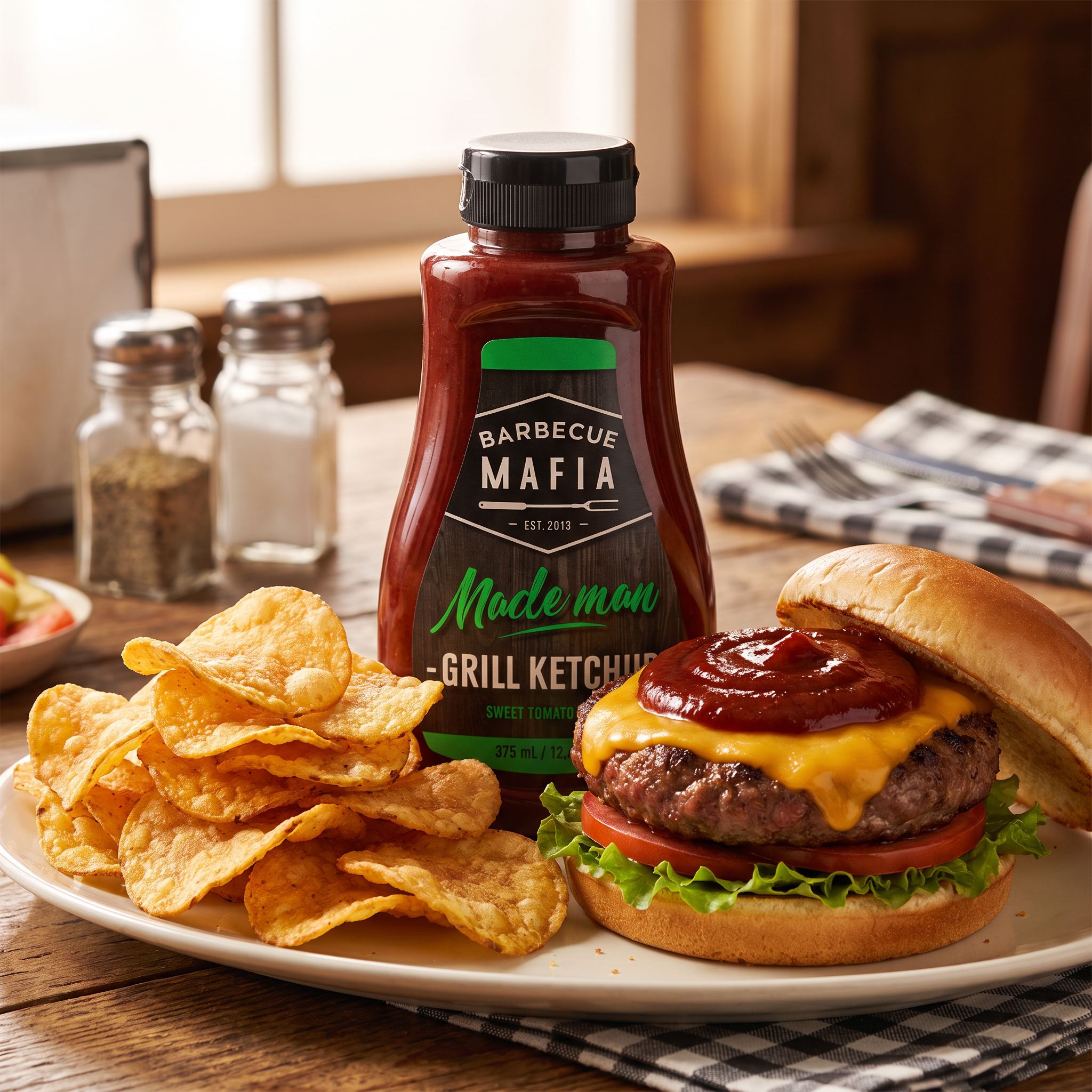 Barbecue Mafia Mademan Grill Ketchup — grill ketchup with a cheeseburger and golden chips