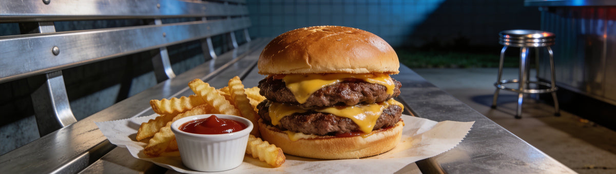Double cheeseburger and crinkle-cut chips with BBQ Mafia Mademan Grill Ketchup on a diner bench
