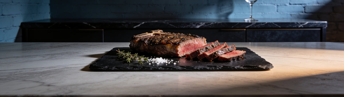 Seared medium-rare steak with BBQ Mafia OG Steakout BBQ Rub crust, sliced on slate