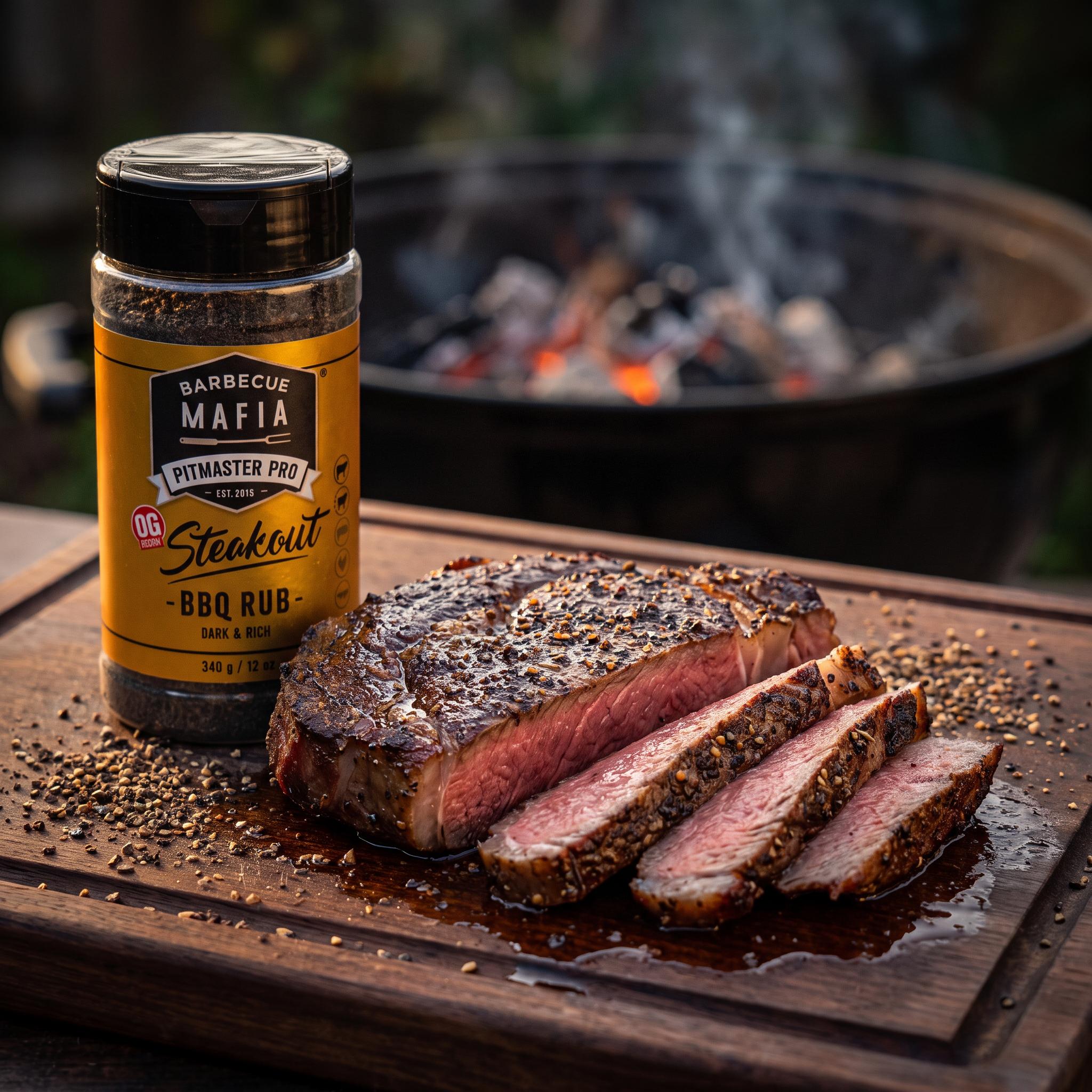 Barbecue Mafia OG Steakout BBQ Rub 340g beef rub — sliced medium-rare ribeye steak with a dark peppery crust beside the pack