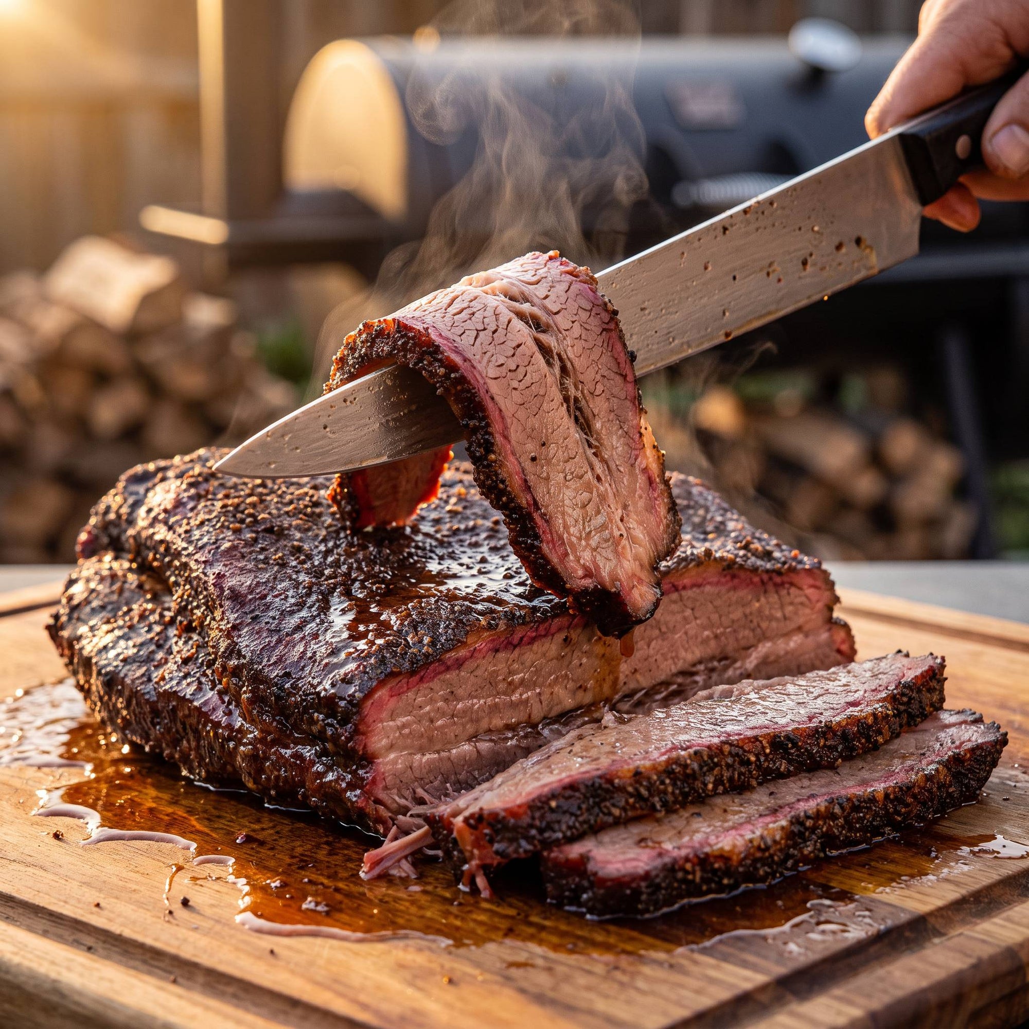 Smoked beef brisket sliced to reveal a pink smoke ring