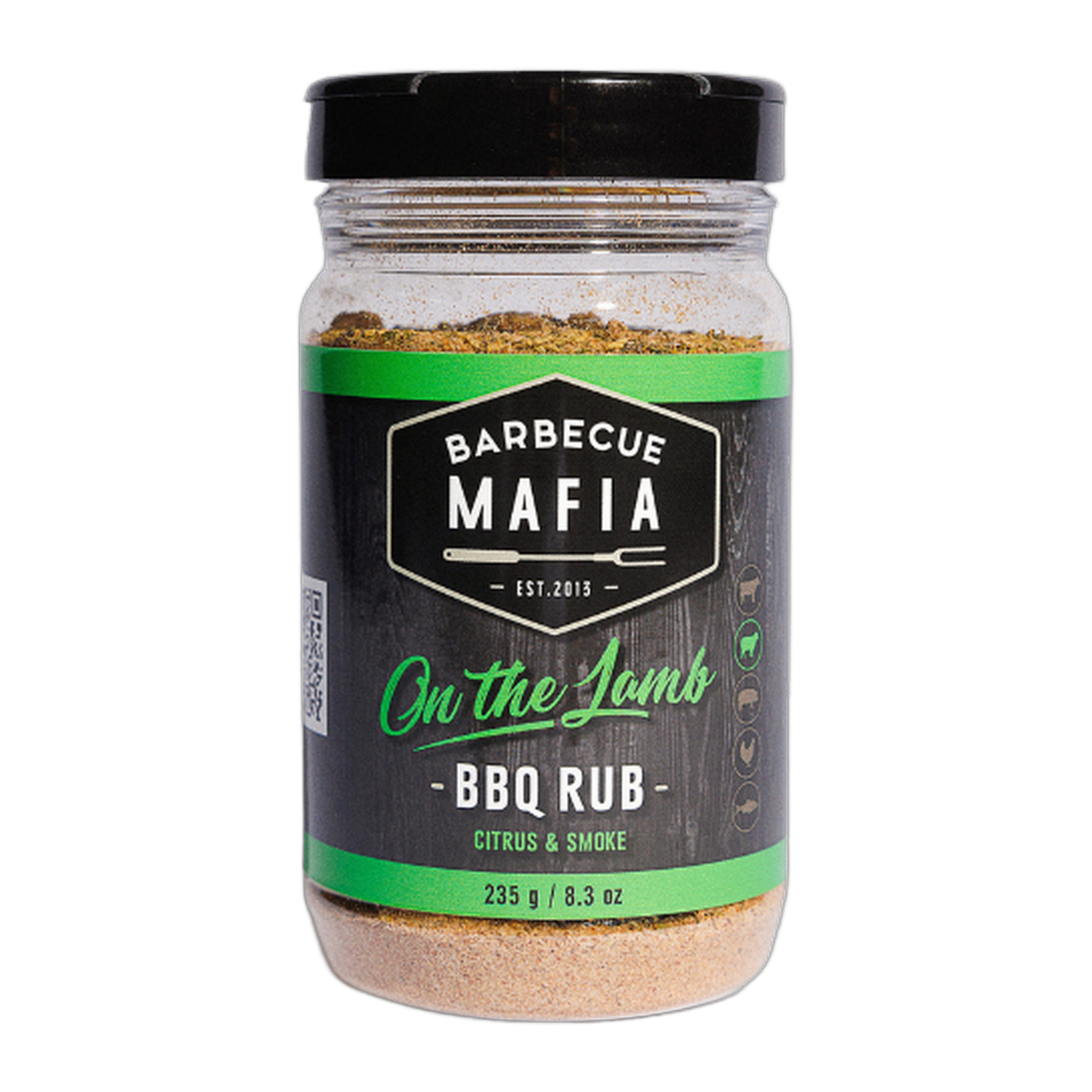 Barbecue Mafia On the Lamb BBQ Rub 235g lamb rub — front of shaker on transparent background