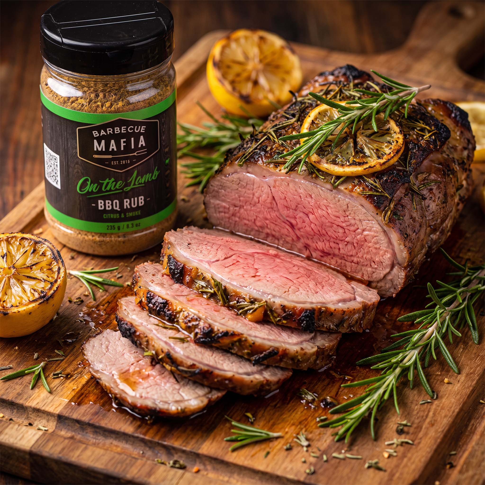 Barbecue Mafia On the Lamb BBQ Rub — rosemary and citrus roast lamb sliced to a rosy pink centre beside the pack