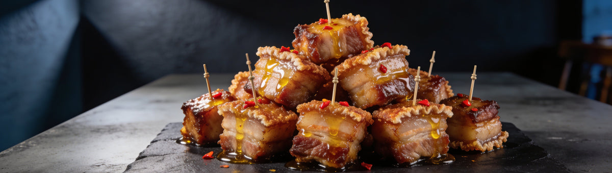 Crackling pork belly bites glazed with BBQ Mafia Smoky Hot Honey on a slate board