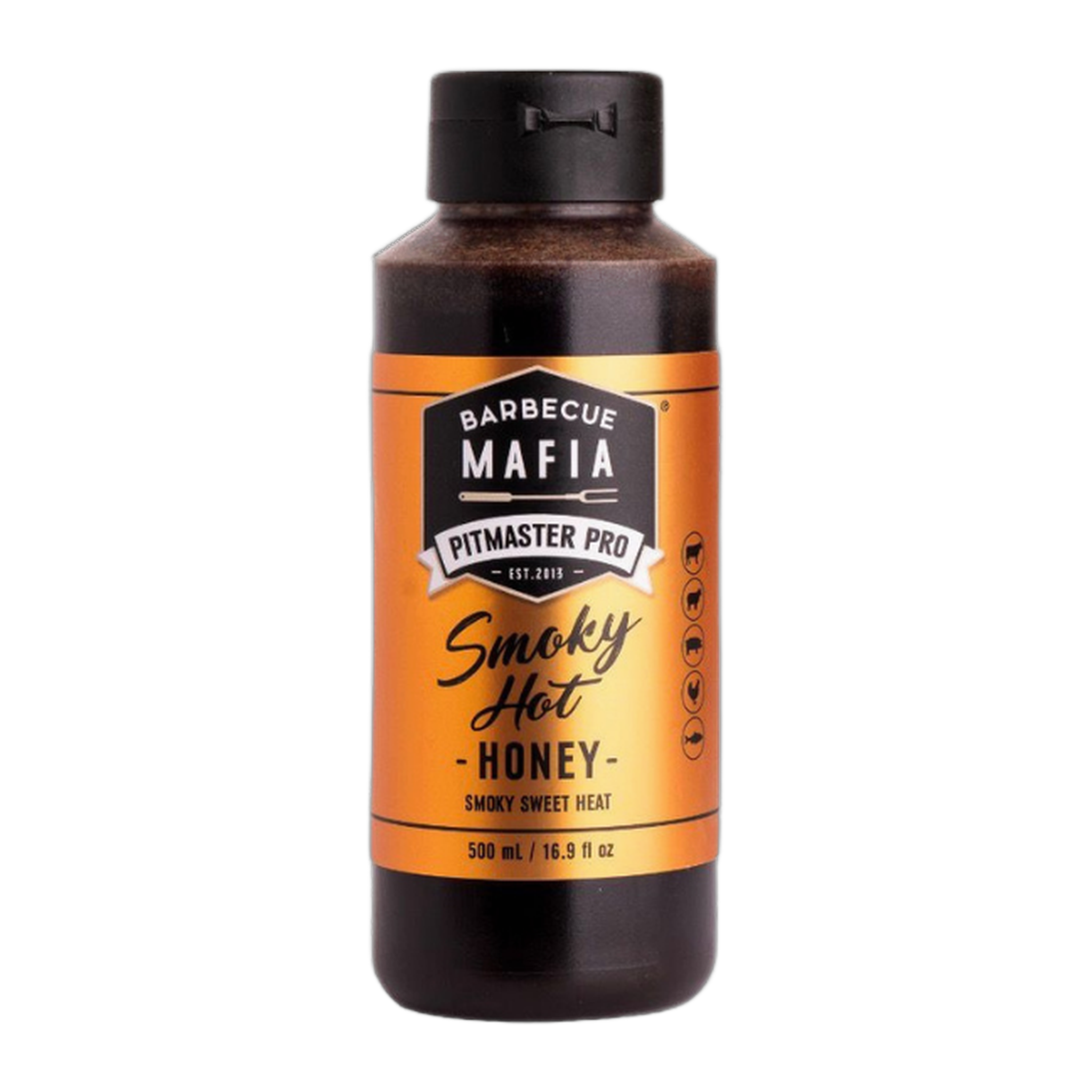 Barbecue Mafia Smoky Hot Honey 500ml — front of bottle on transparent background