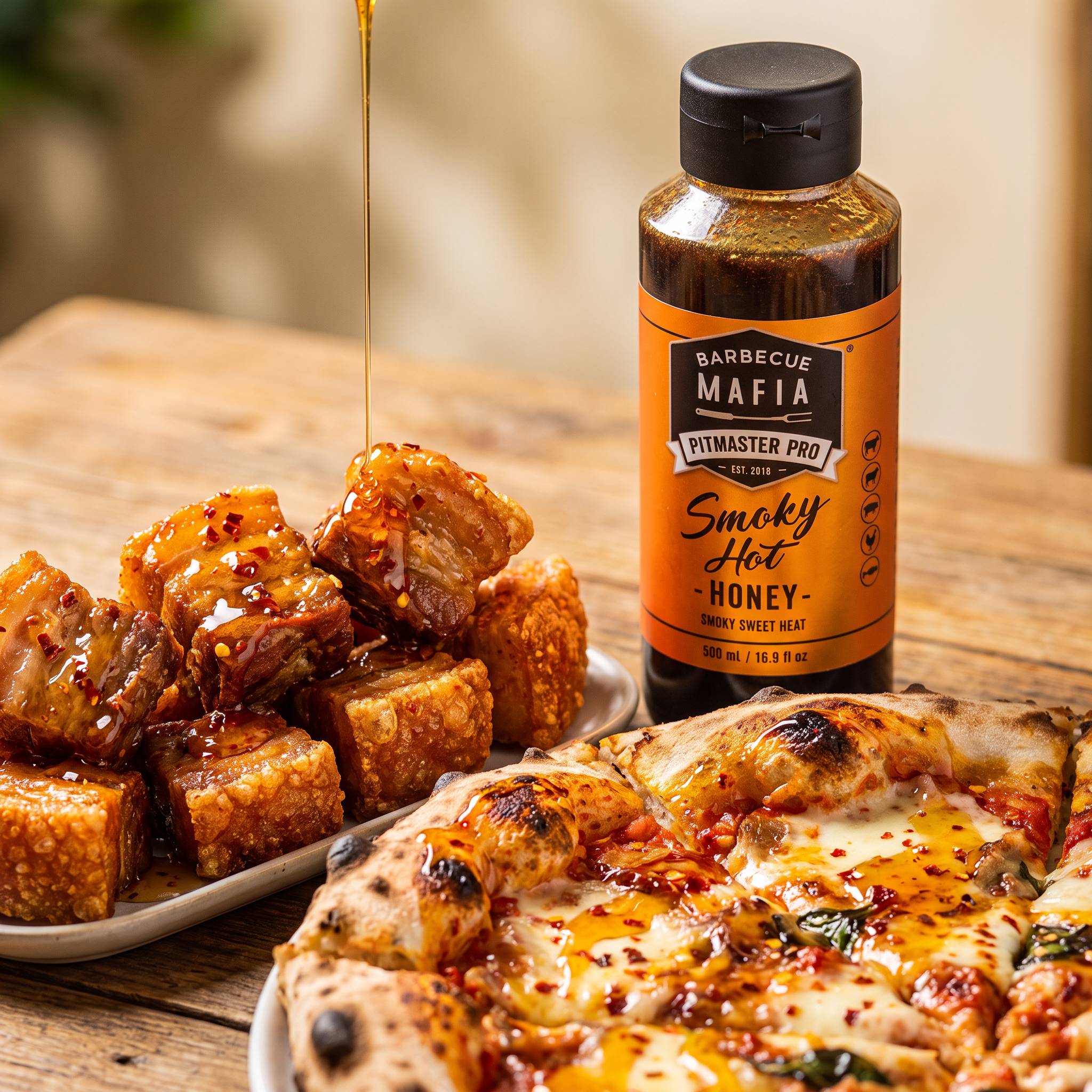 Barbecue Mafia Smoky Hot Honey — hot honey drizzled over crispy pork belly bites and pizza
