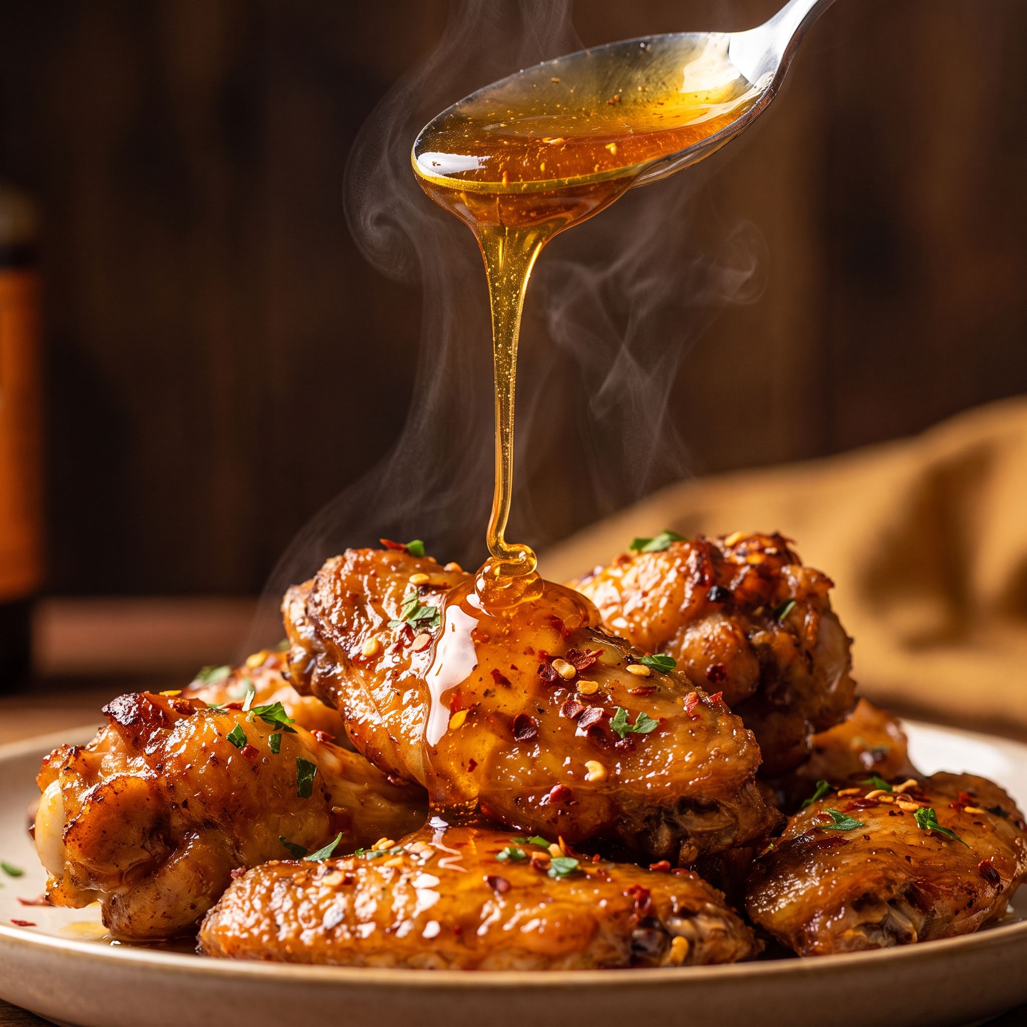 Barbecue Mafia Smoky Hot Honey — golden hot honey drizzling over crispy chicken wings