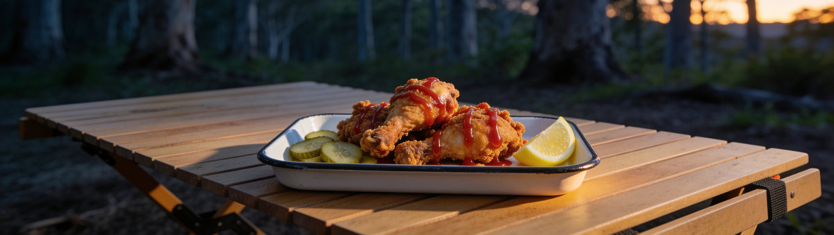Fried chicken splashed with BBQ Mafia The Capo Vinegar Hot Sauce on a camp table at dusk
