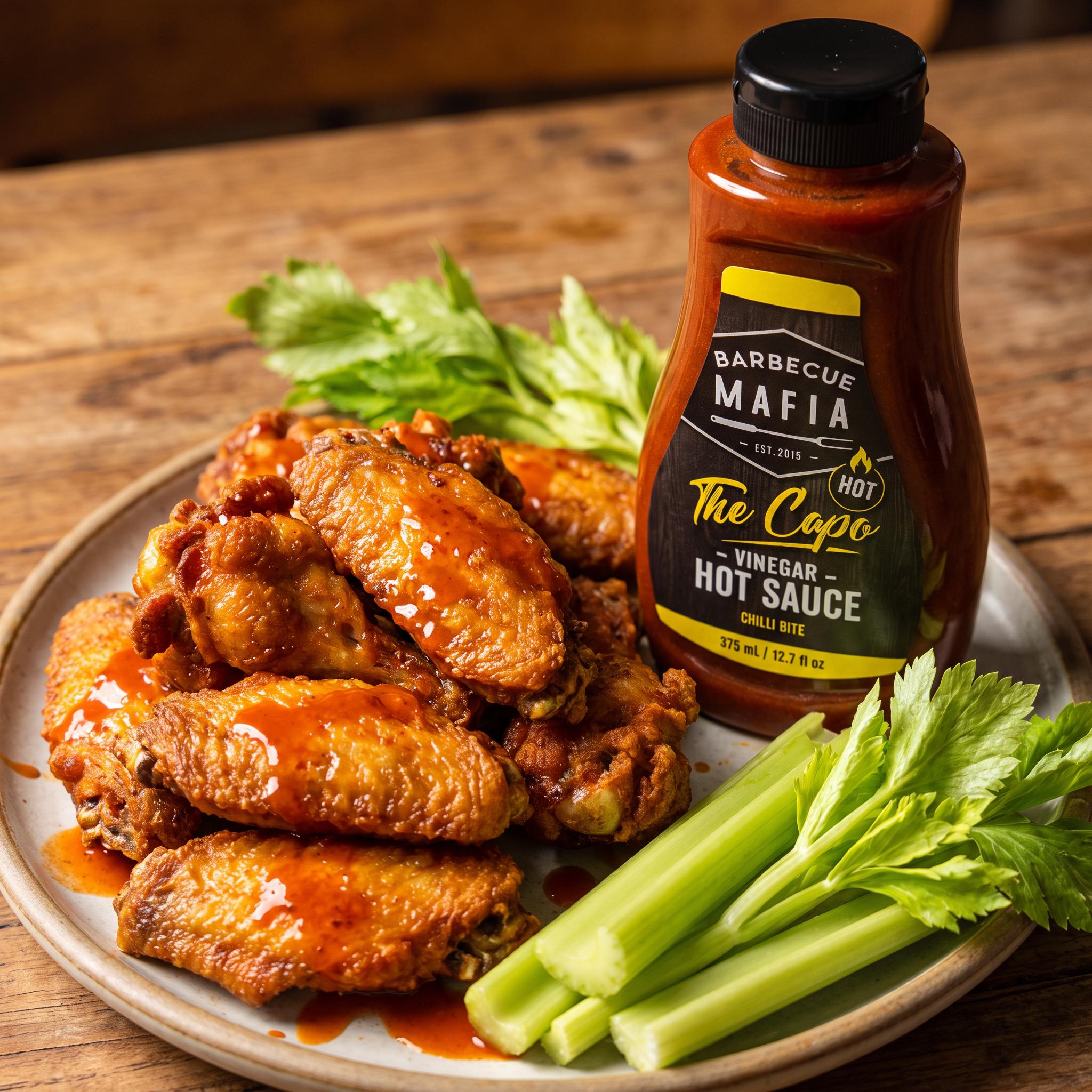 Barbecue Mafia The Capo Vinegar Hot Sauce — buffalo-style chicken wings with celery