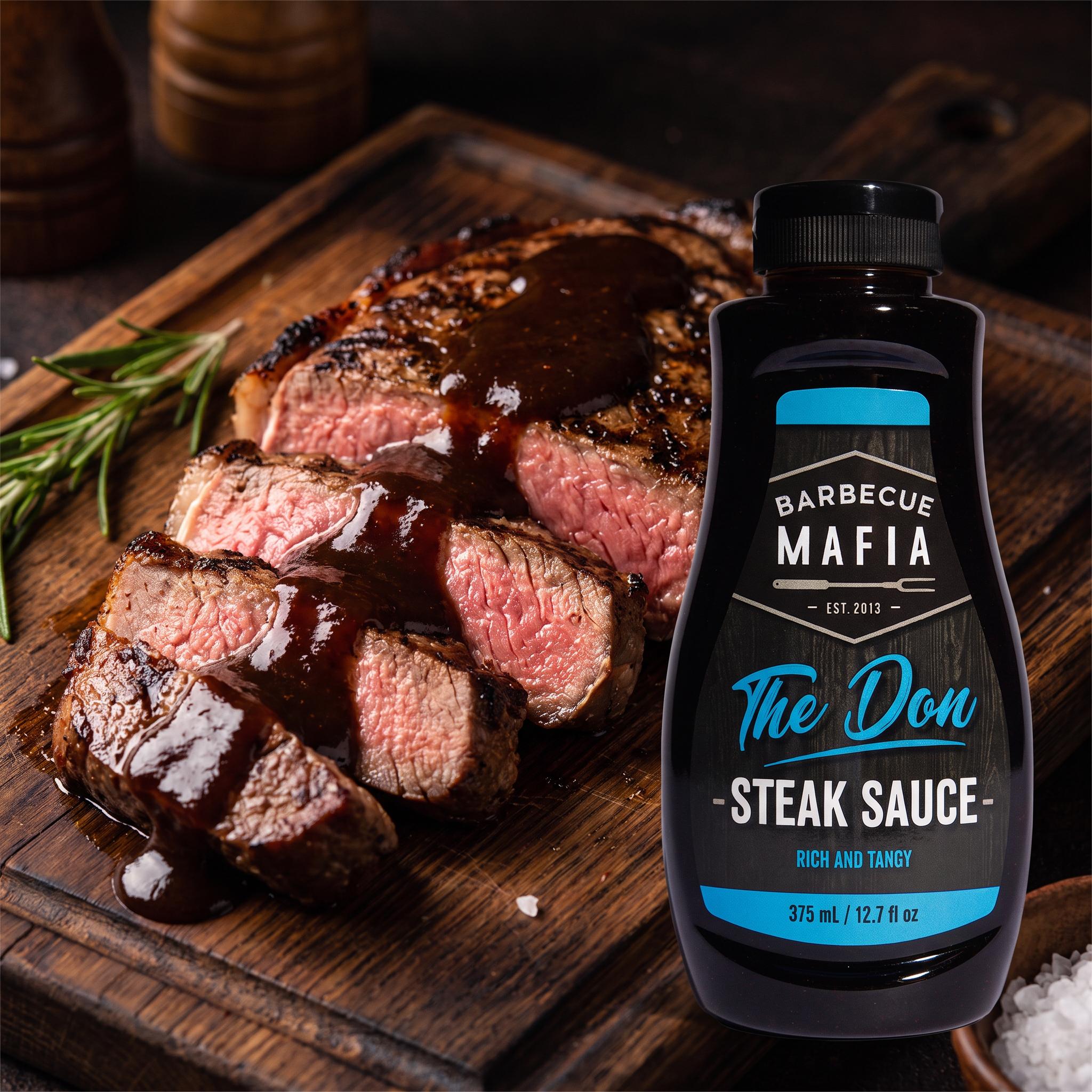 Barbecue Mafia The Don Steak Sauce — sliced grilled steak with dark steak sauce spooned over