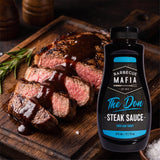 Barbecue Mafia The Don Steak Sauce — sliced grilled steak with dark steak sauce spooned over