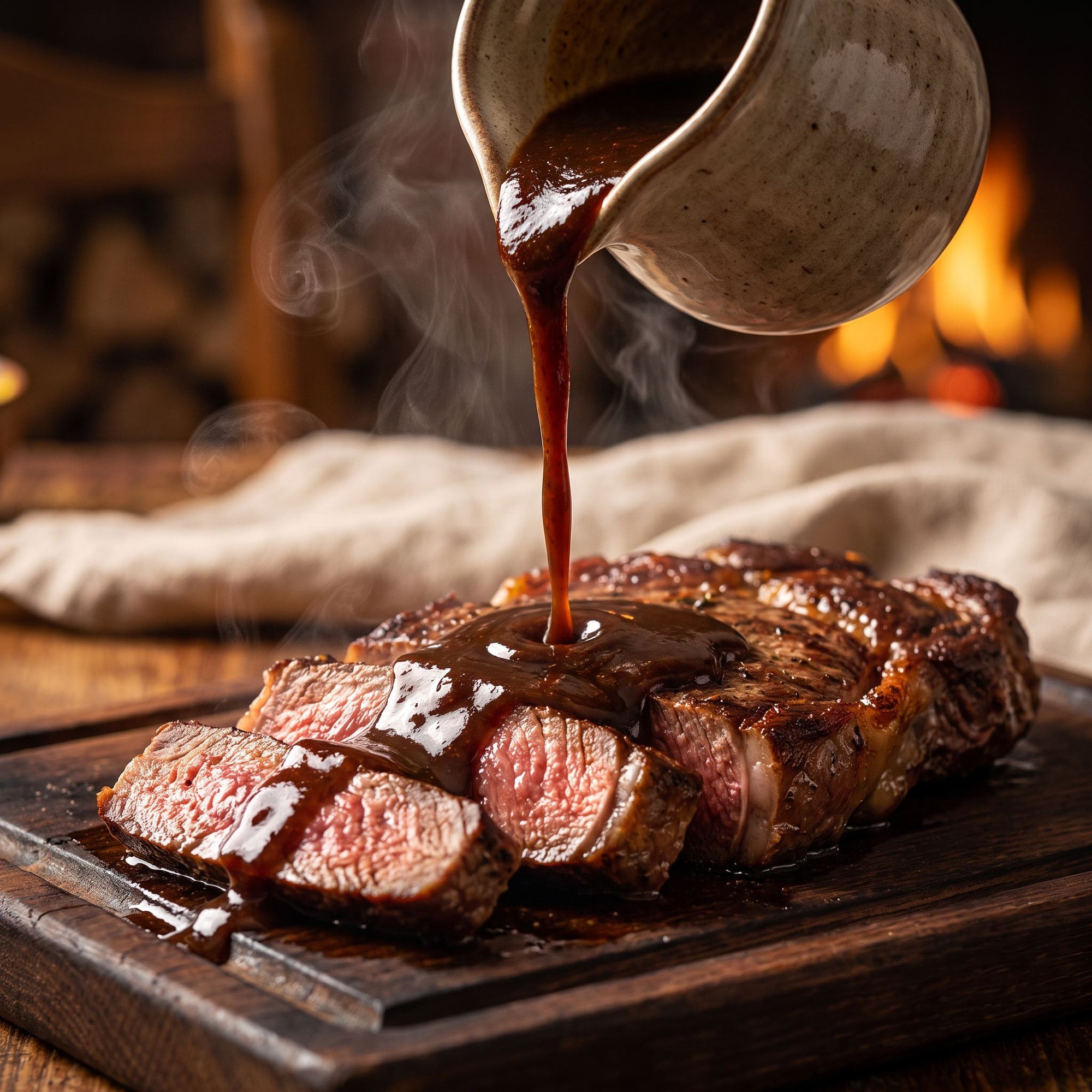 Dark steak sauce poured over sliced grilled steak by firelight