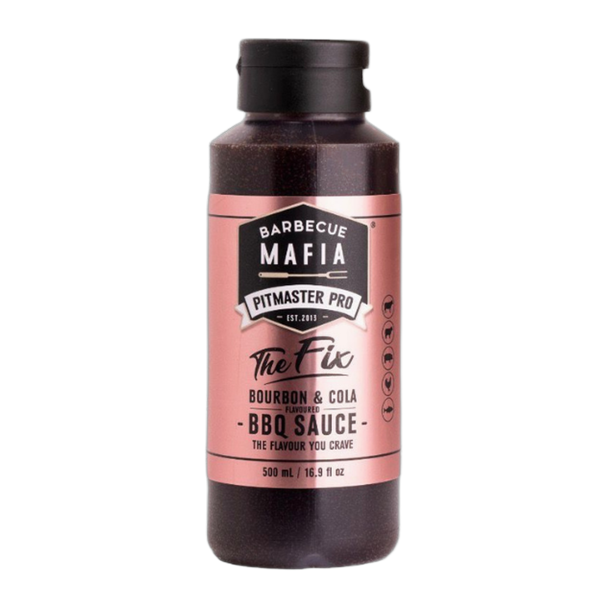 Barbecue Mafia The Fix Bourbon & Cola BBQ Sauce 500ml — front of bottle on transparent background