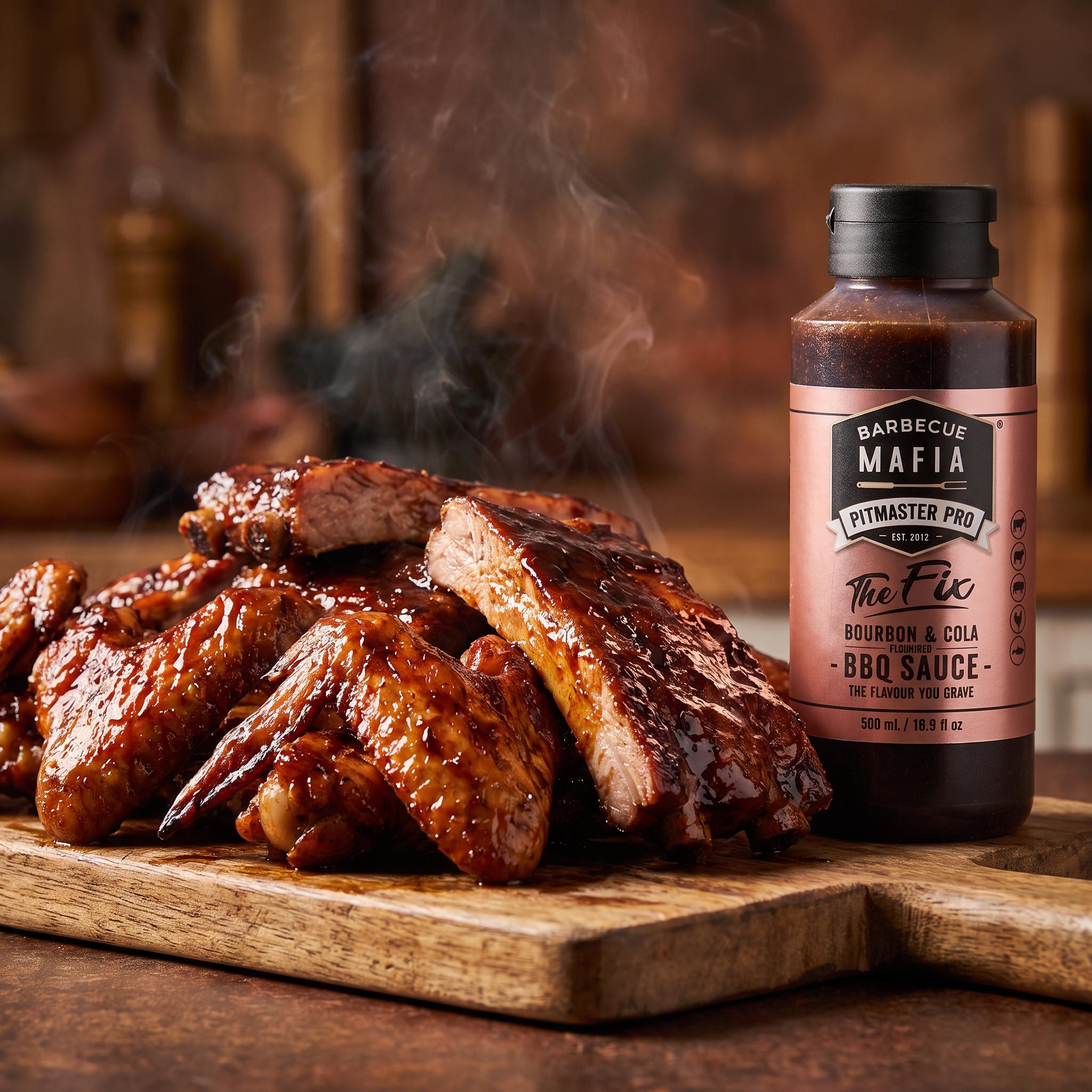 Barbecue Mafia The Fix Bourbon & Cola BBQ Sauce — sticky glazed wings and ribs