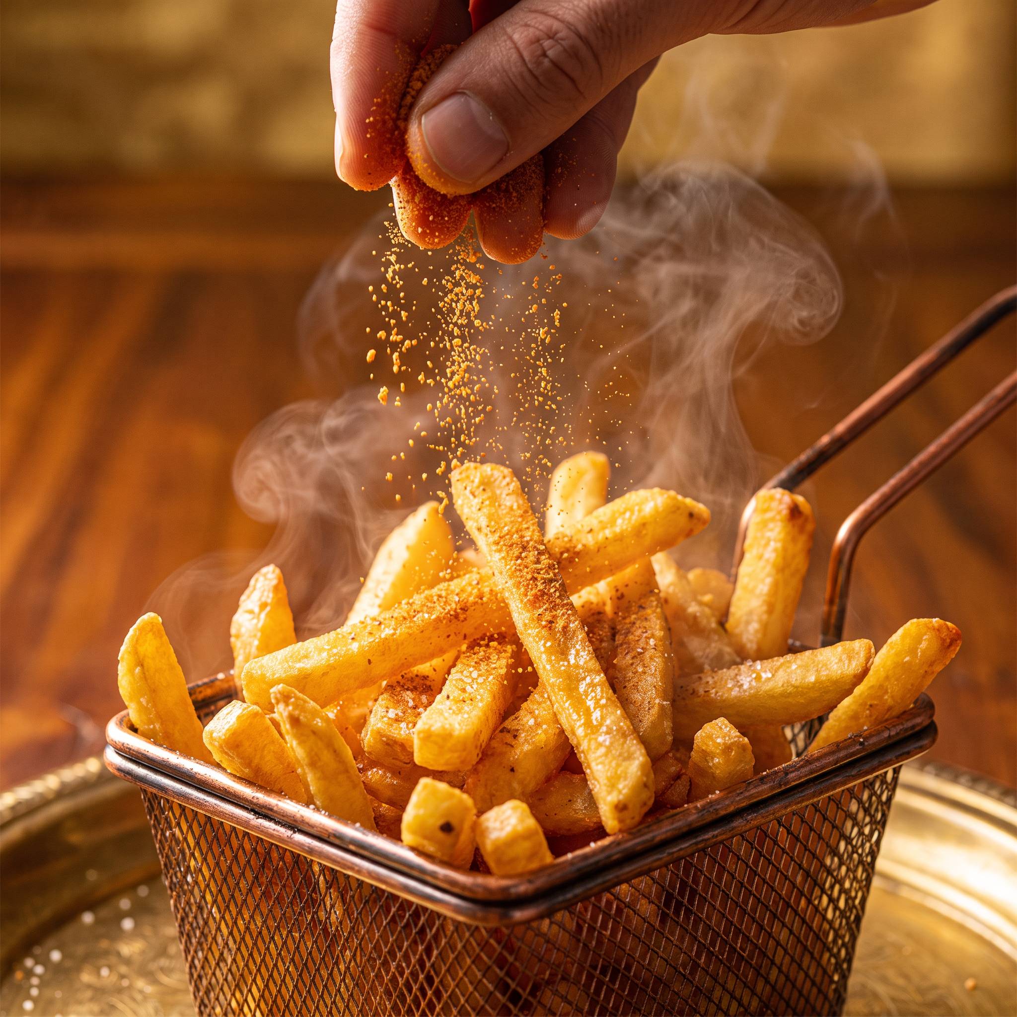 Barbecue Mafia The Oath Chip Seasoning 270g — seasoning sprinkled over a basket of hot golden chips